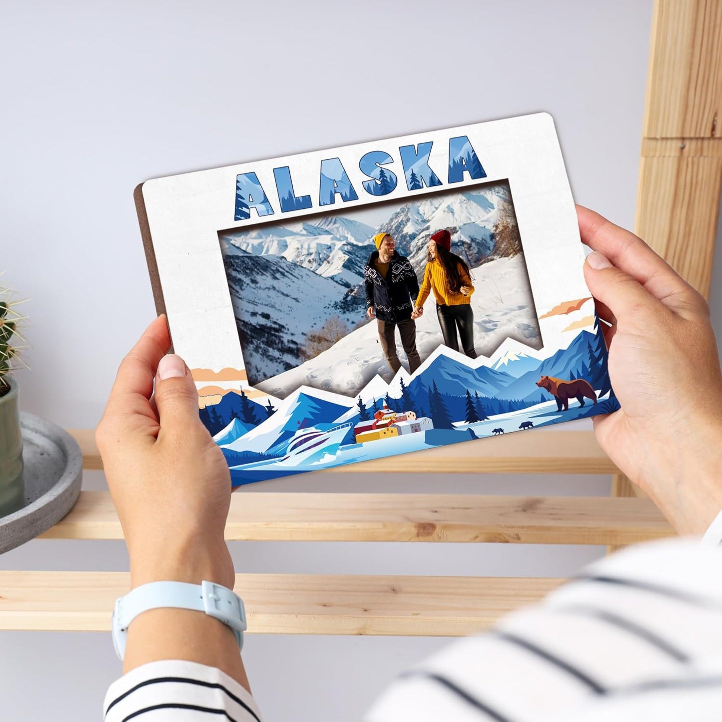Alaska Photo Frame, 5 x 8 Wooden Picture Frame with Stand, Alaska Vacation Friendship Birthday Love Gifts for Couple Friends Family, Home Office Desk Holiday Decorations-A02