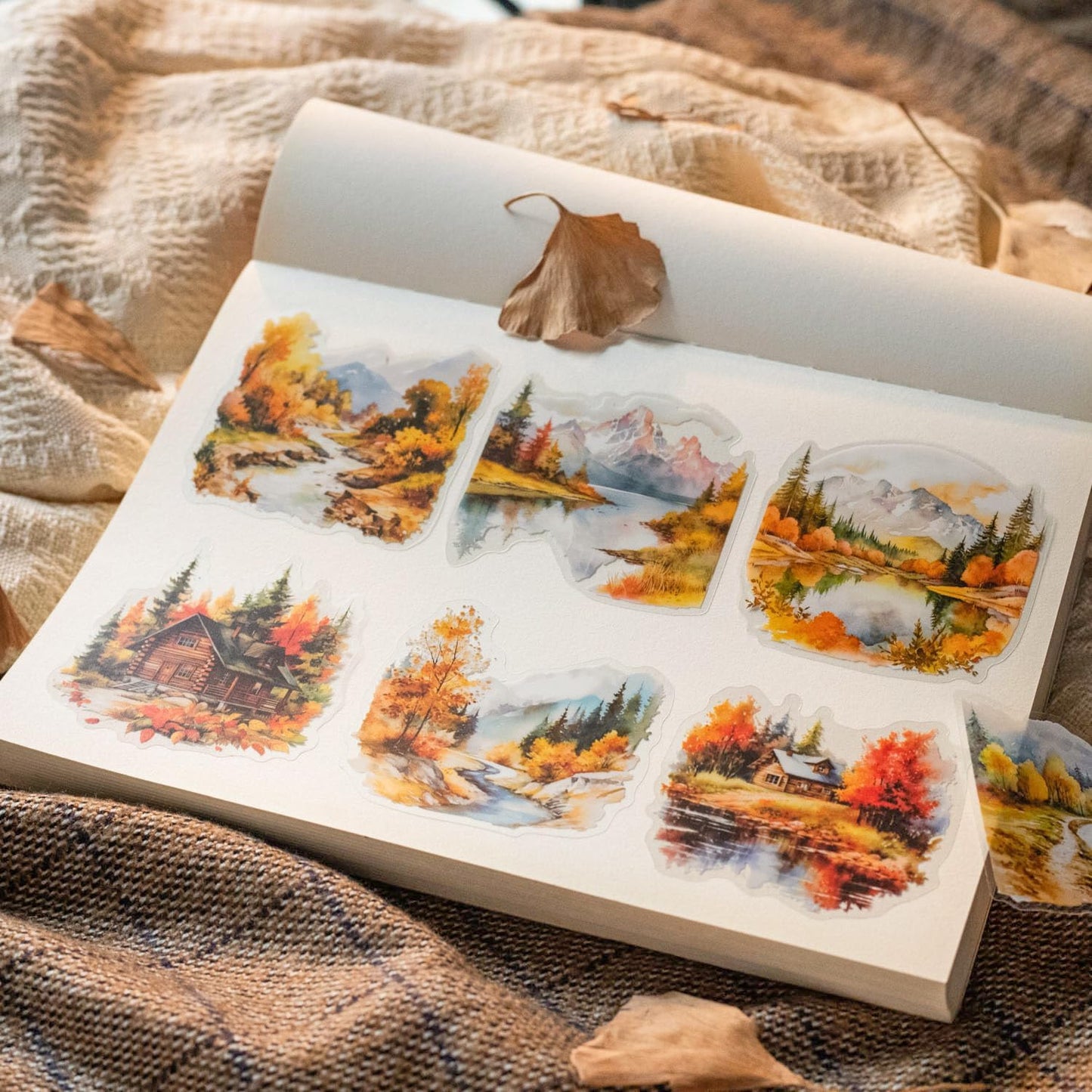 Autumn Themed PET Stickers Set, 60PCS Large Landscape Stickers for Scrapbooking, Journaling, DIY Crafts, and Art Projects