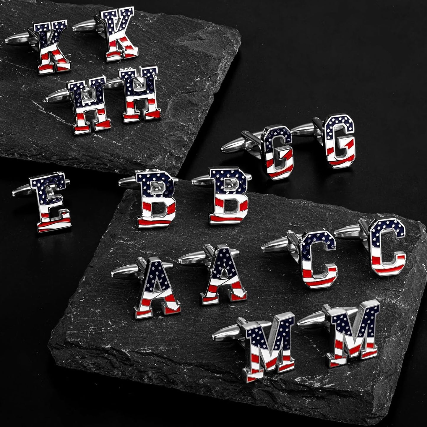 AMITER Initial Cufflinks for Men, American Flag Pattern Cuff Links Men's Shirt Studs Suit Accessories Gift