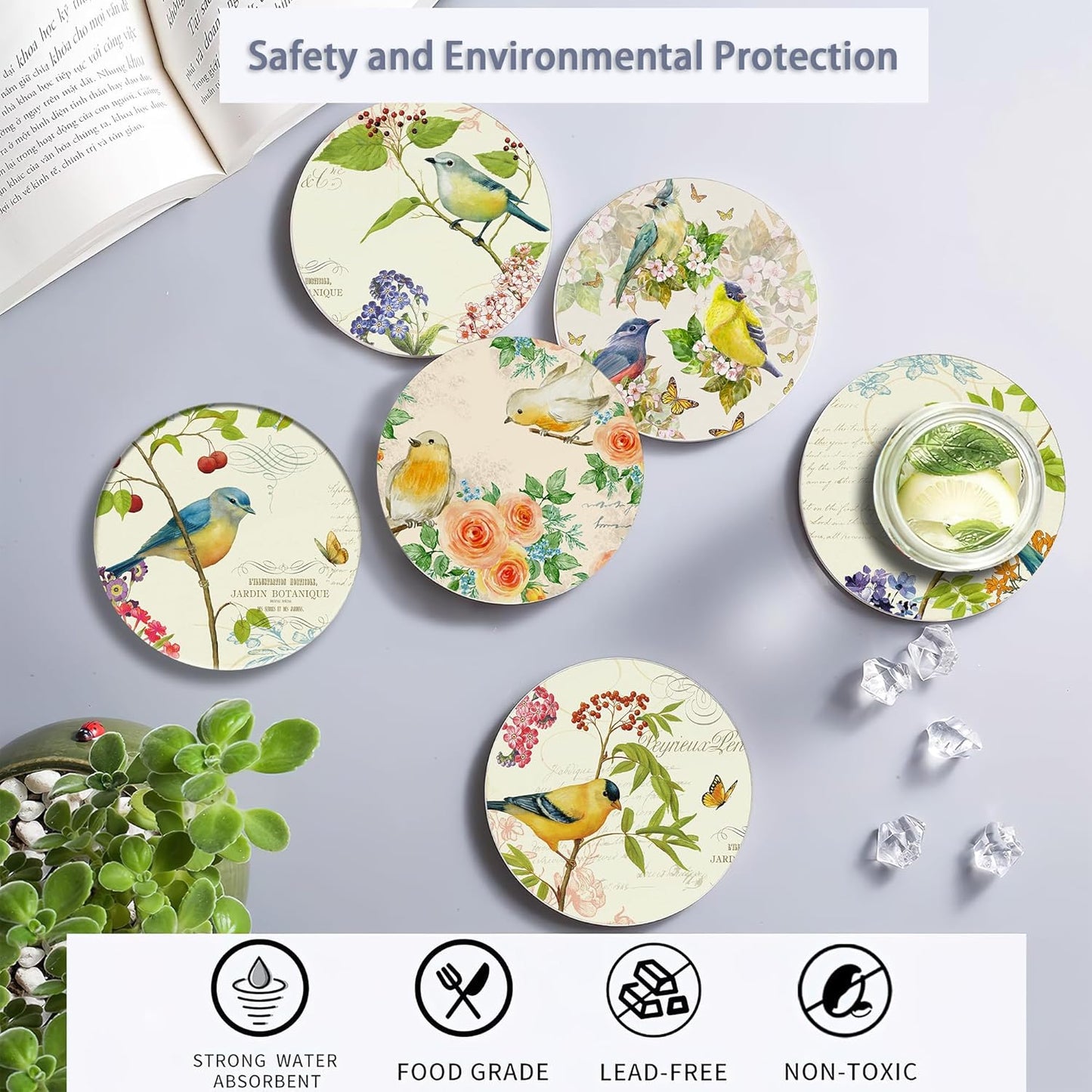 Coaster for Drinks Set of 6, Vintage Watercolor Bird Flower Absorbing Round Ceramic Stone Coaster with Cork Base,Tabletop Protection Mat for Mugs and Cups,Coffee Table Wine Glass Home Bar 4 Inch