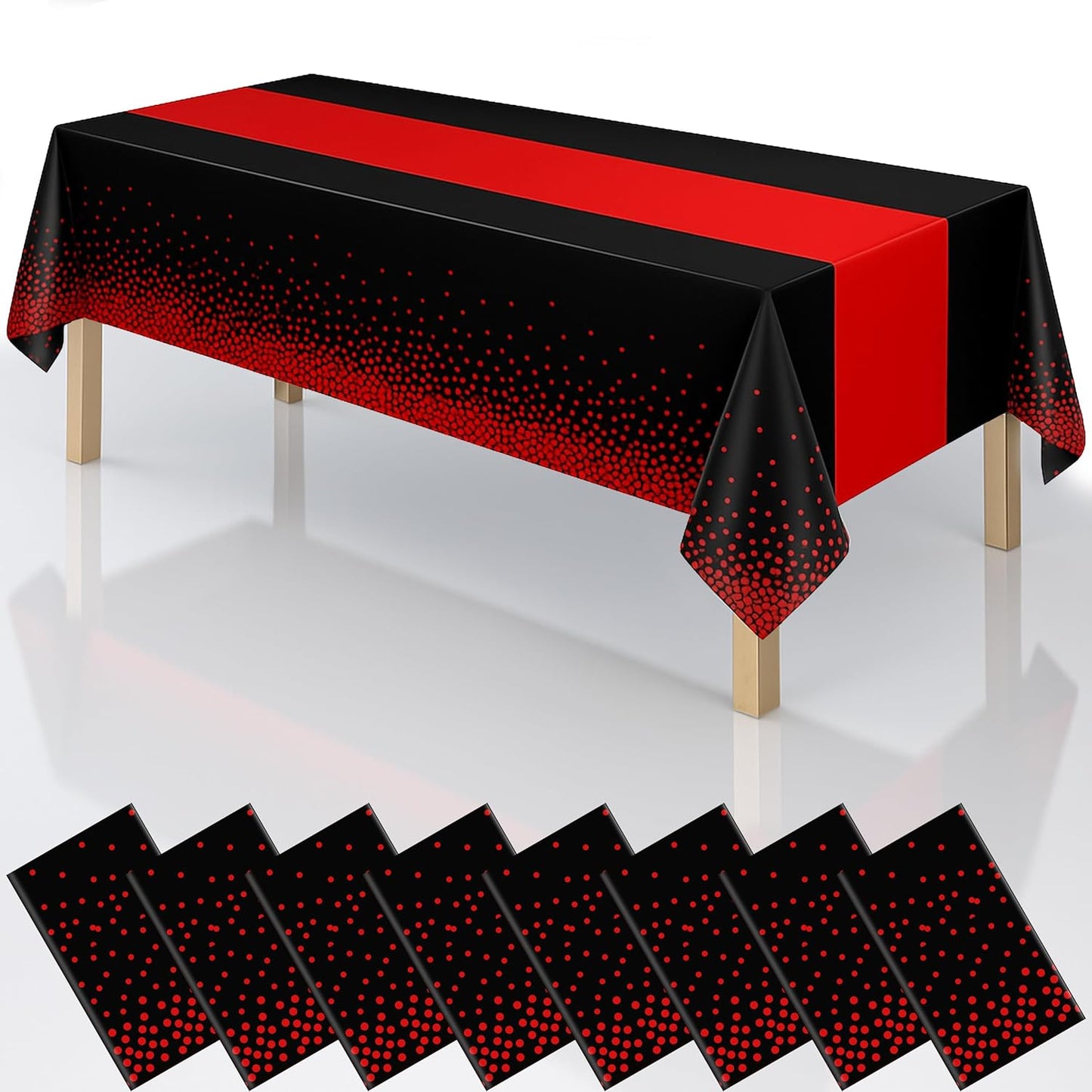 2in1 Disposable Plastic Tablecloths 54" x 108" Black and Red Dot Kitchen Table Cloth Rectangle Table Cover for Wedding Birthday Baby Shower Anniversary Christmas Graduation (Black/Red, 8 Pack)