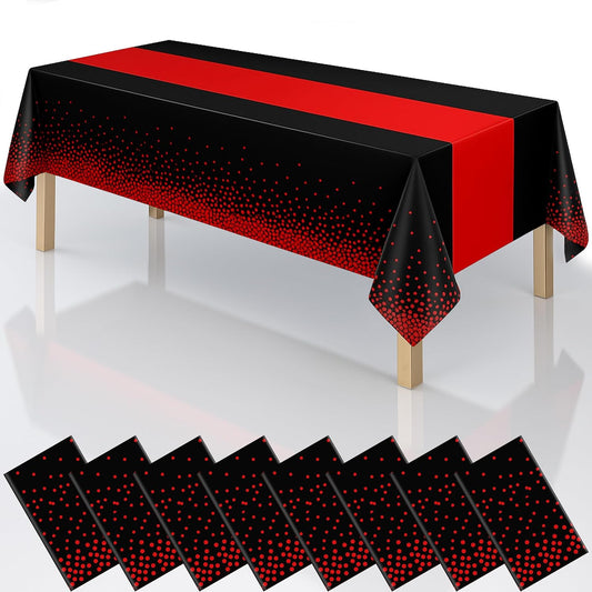 2in1 Disposable Plastic Tablecloths 54" x 108" Black and Red Dot Kitchen Table Cloth Rectangle Table Cover for Wedding Birthday Baby Shower Anniversary Christmas Graduation (Black/Red, 8 Pack)