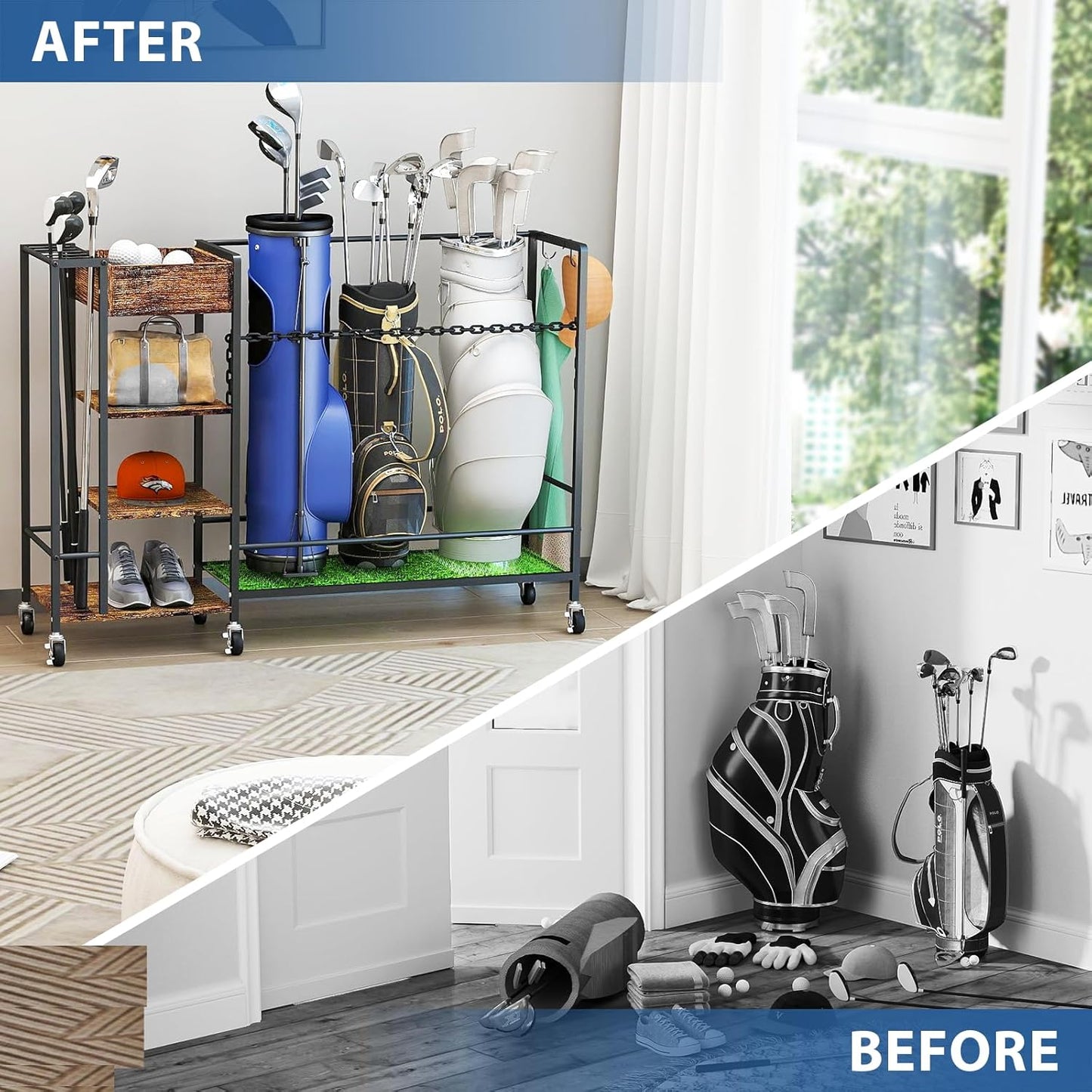 Golf Bag Organizer Garage Sports Equipment Organizer Golf Bag Stand Golf Club Storage Rolling Wheels Breaks Large Capacity Heavy Duty Golf Stand