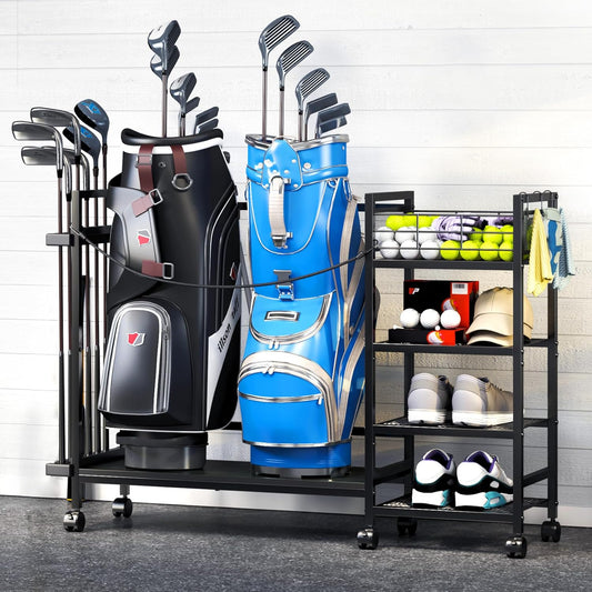 TC-HOMENY Golf Bag Storage Organizer for Garage, Golf Bag Stand with Wheels, Golf Bag Organizer for 2 Golf Bags, Golf Bag Accessories Storage Rack, Extra Golf Clubs Equipment Stand, Golf Bag Holder