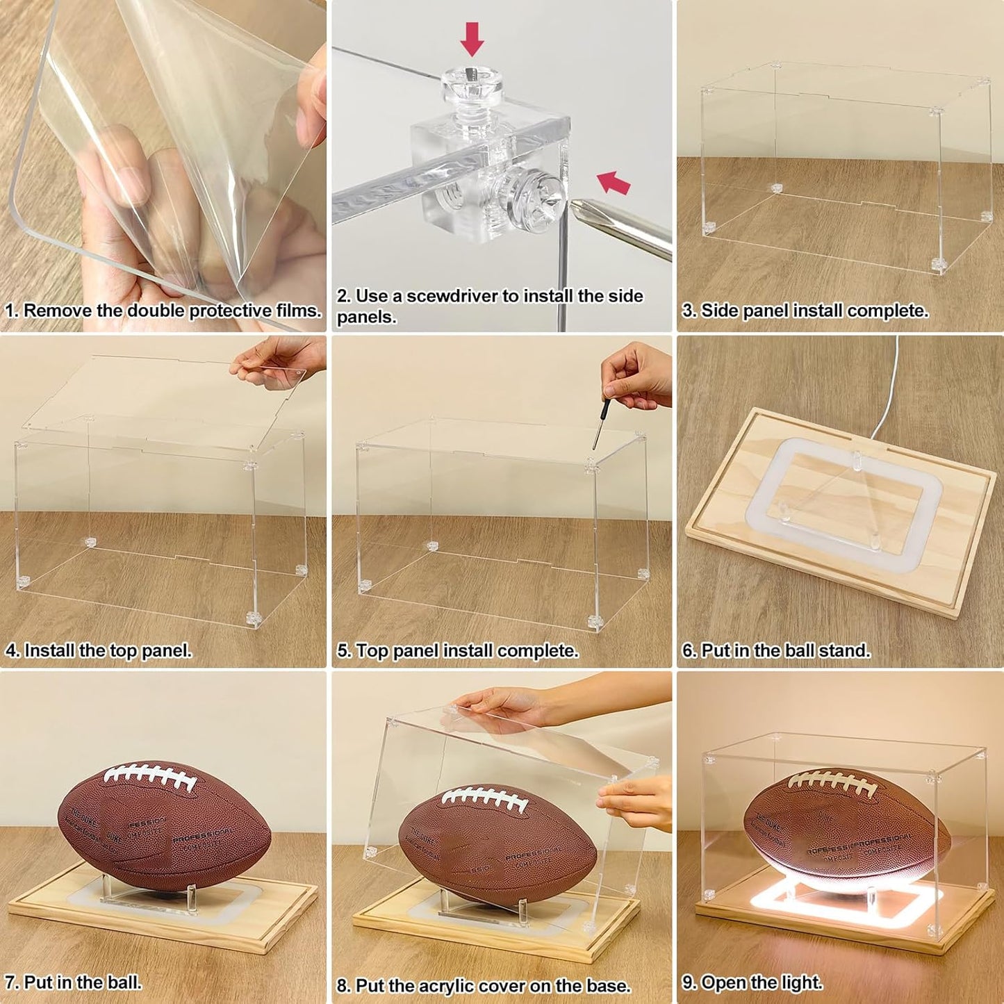 NONEMEY Basketball Display Case with Light, UV Protected Acrylic Basketball Box Full Size with Wood Base, Basketball Display for Autographed Ball Memorabilia Basketball Gifts