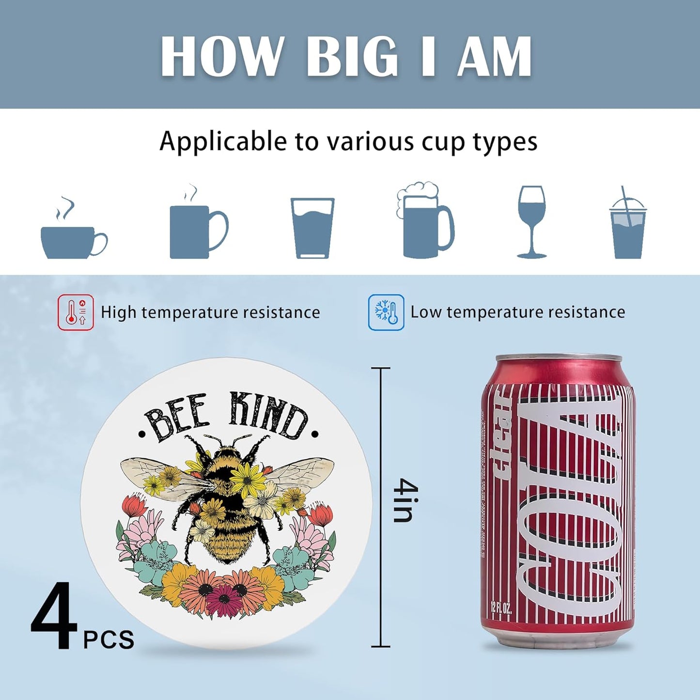 Coasters for Drinks,Bee Kind Wild Flower Absorbent Coaster Set of 4 with Cork Base,Ceramic Drink Coasters for Cold Drinks Wine Glasses Cups Mugs,Housewarming Gifts for Home Decor