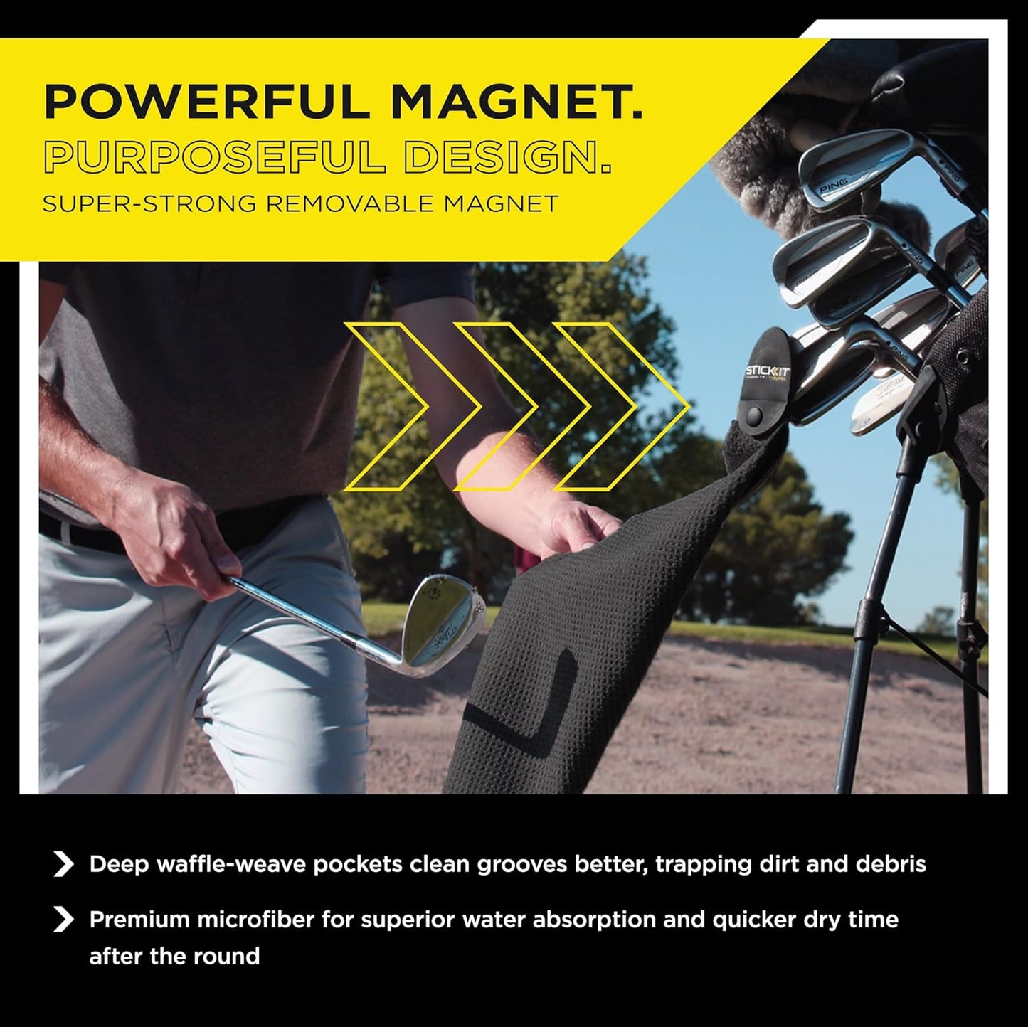 STICKIT Magnetic Towel, Black | Top-Tier Microfiber Golf Towel with Deep Waffle Pockets | Industrial Strength Magnet for Strong Hold to Golf Carts or Clubs