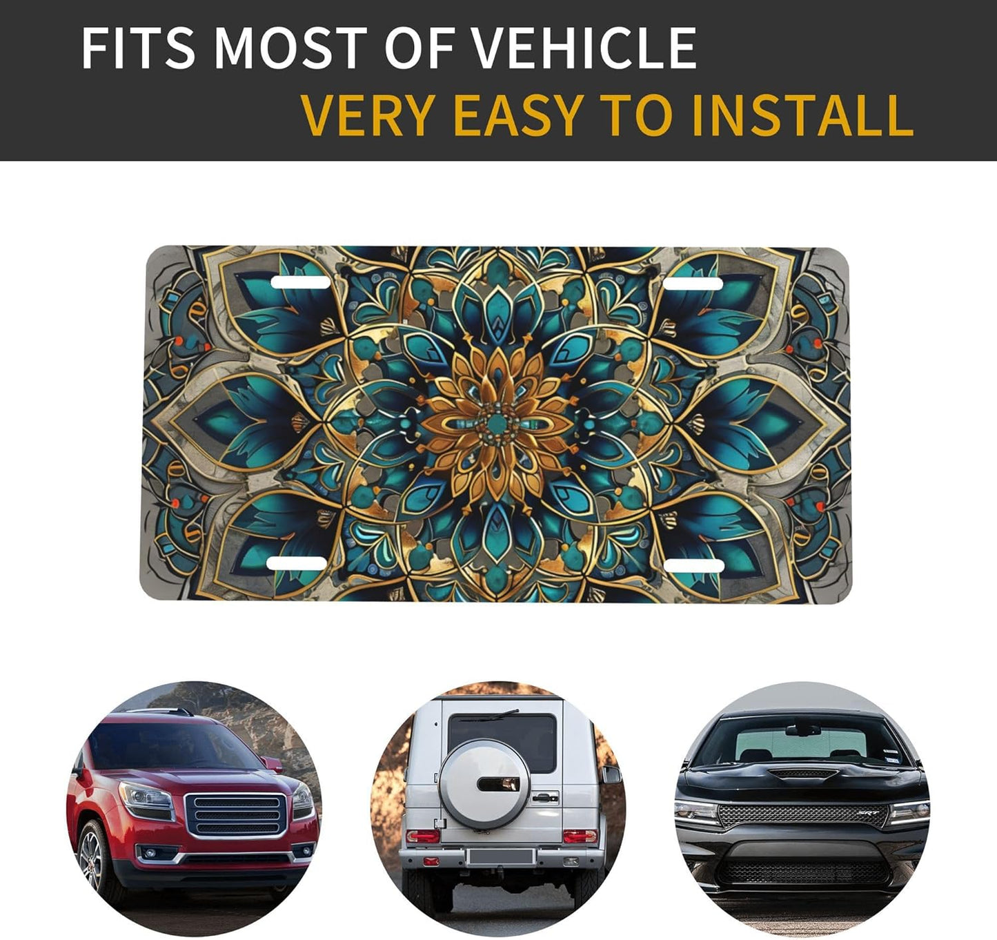 Front License Plate for Car Designs Ethnic Mandala Floral Stainless License Plate Cover Holder for Men Women Metal Aluminum Decorative Accessory Vanity Tag Standard 6 X 12 Inch (4 Holes)