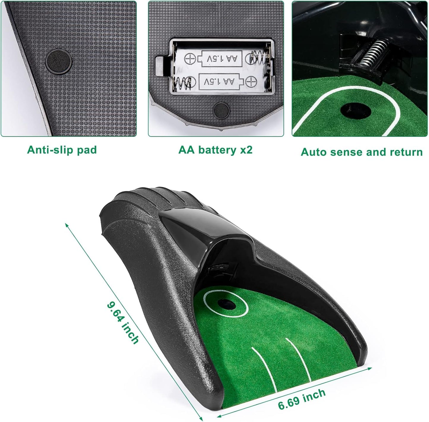 Golf Putting Return Machine - Green with Ball Kick Back Mat, Battery-Powered Return, Practice at Home, Office, Parties