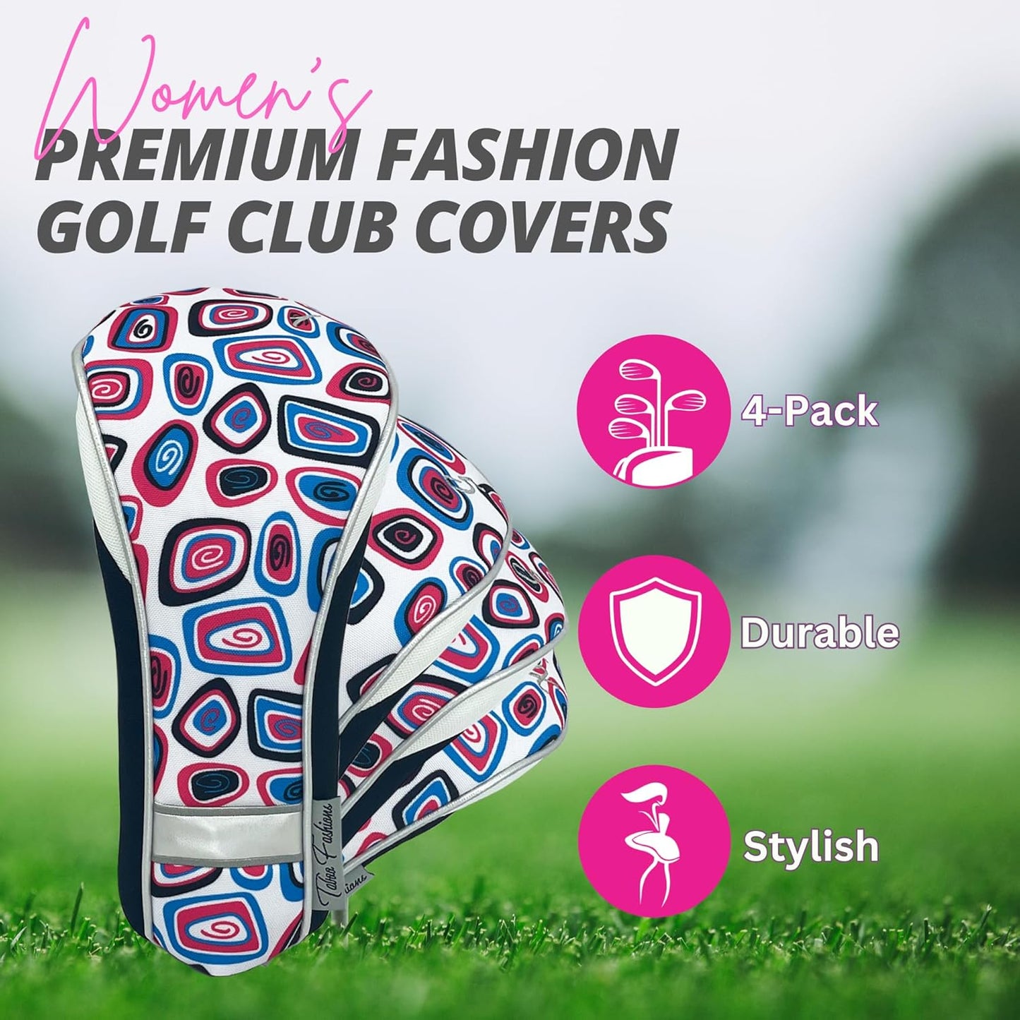 Taboo Fashions Monaco Golf Club Covers for Women - Numbered Golf Headcovers Set for Driver, Fairway and Hybrid Clubs - Weather Resistant, Pack of 4