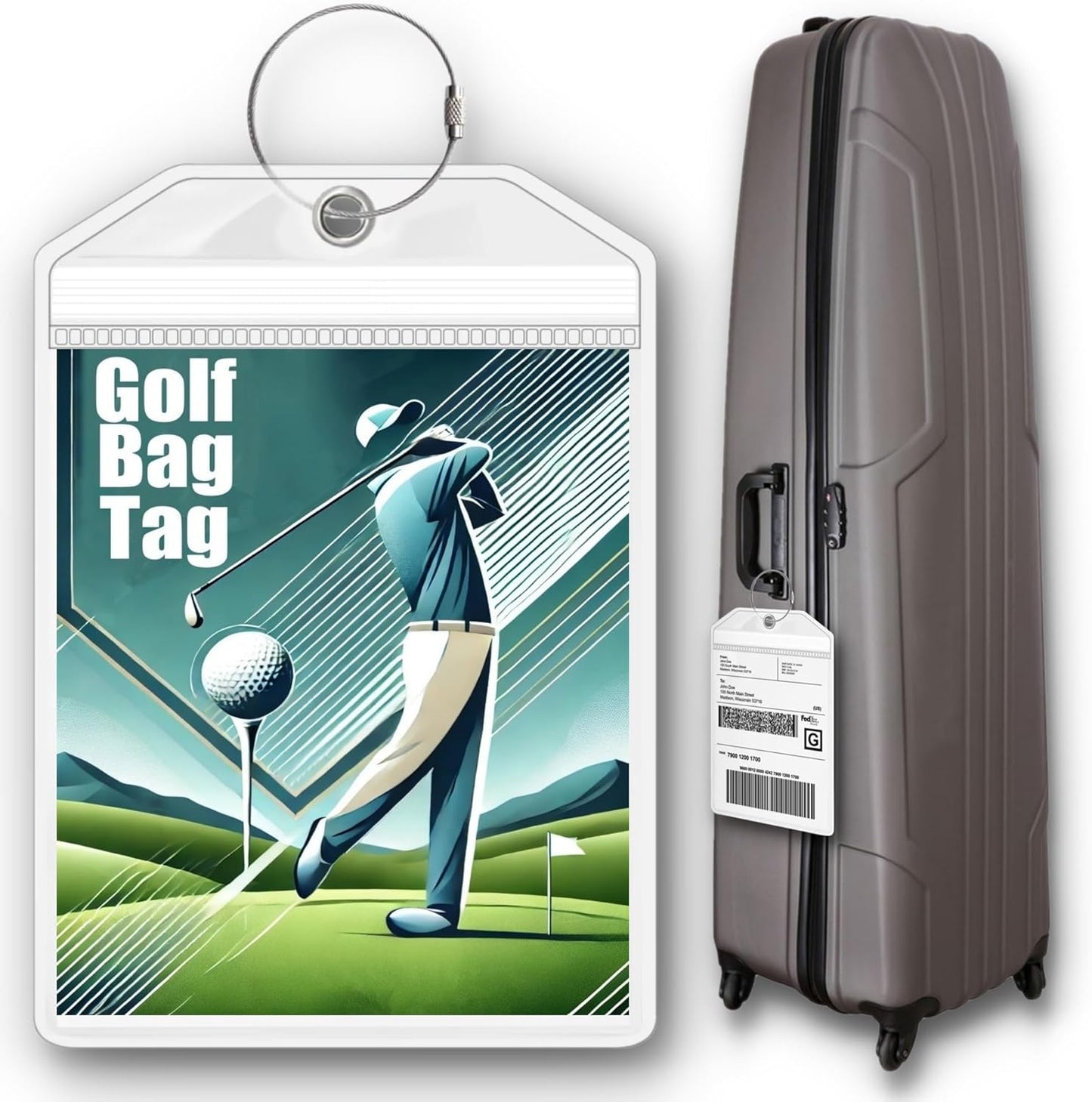 Golf Bag Luggage Tag - Extra Large 9" x 6", Waterproof Plastic Zipper Pouch, PVC Tags for Golf Bag - Sealable Label Holder (1)