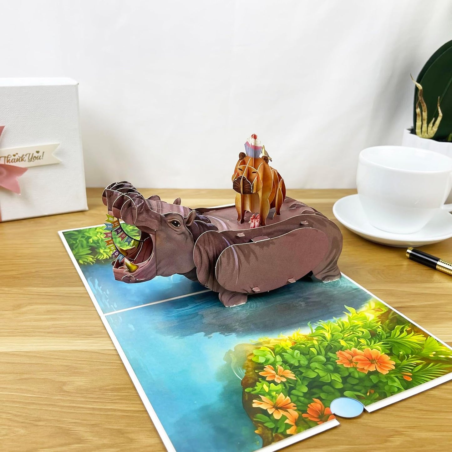 3D Capybara on Hippo Popup Card - Funny Handmade Animal Paper Art for Birthday, Anniversary, Christmas, Valentine’s Day - Unique Gift for Him, Her, Kids, Capybara & Animal Lovers