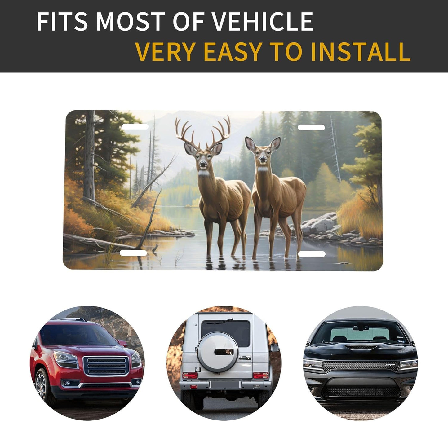 Front License Plate for Car Designs Forest Lake Animal Deer Stainless License Plate Cover Holder for Men Women Metal Aluminum Decorative Accessory Vanity Tag Standard 6 X 12 Inch (4 Holes)