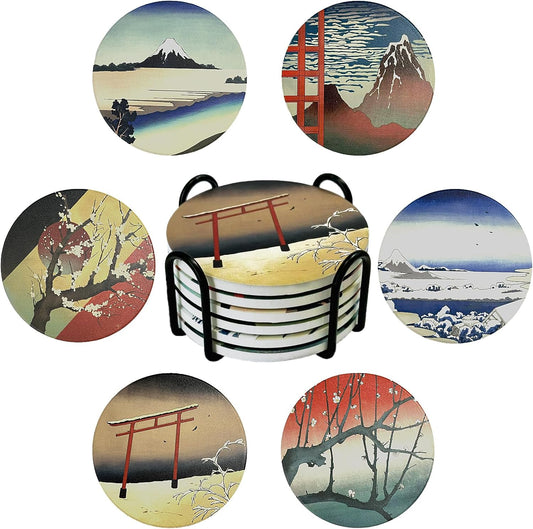 Coasters Absorbent Ceramic Coaster Drink Coasters with Cork Back Japanese Style Ukiyo-e Pattern Set of 6 Round Coaster Non Slip for Coffee Table Wine Glass Home Bar 4 Inch, Colorful