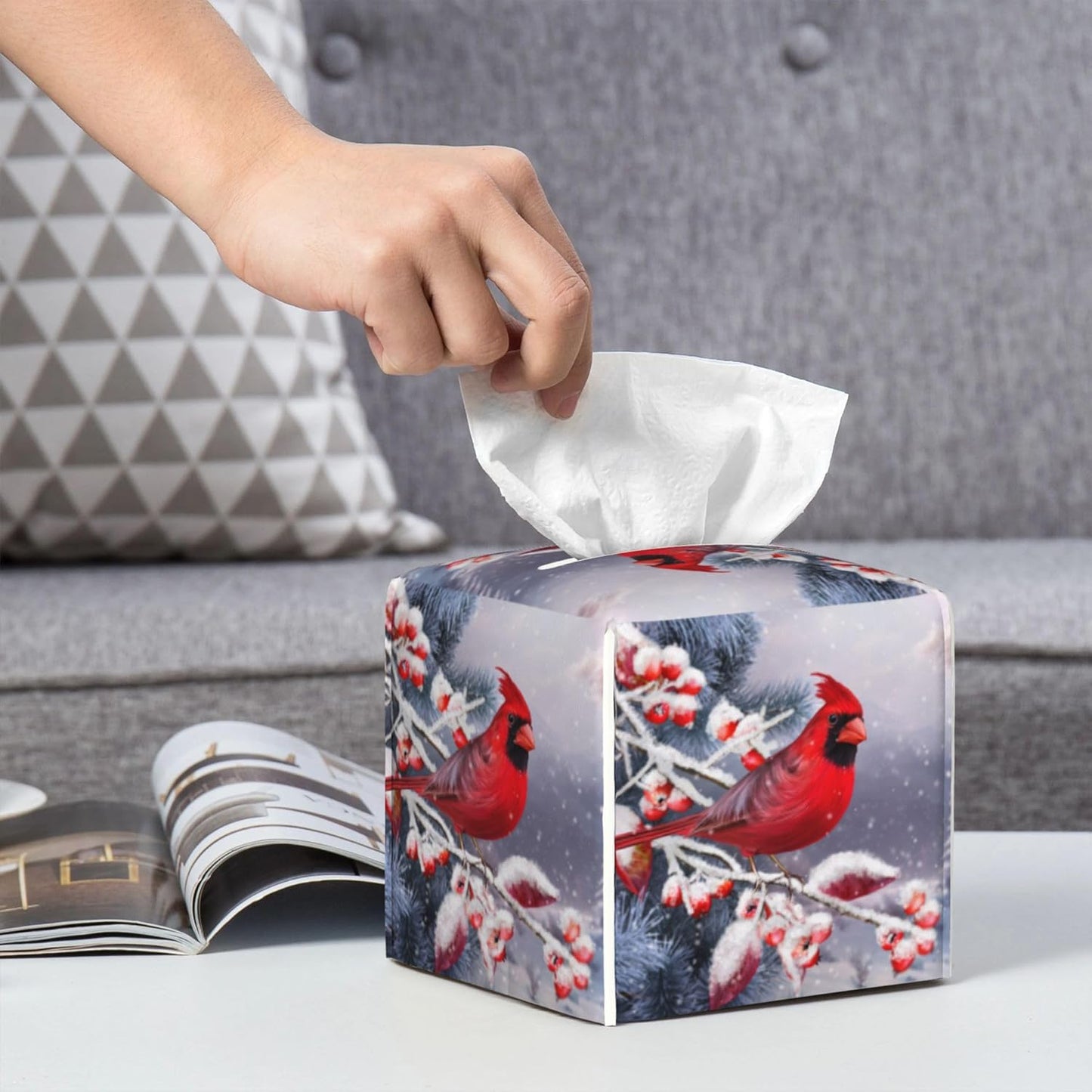 Christmas Red Cardinal Tissue Box Cover Square,Winter Christmas Cardinal Bird Tissue Box Holder Waterproof Leather Facial Paper Organizer Dispenser for Bathroom Home Car Nightstand Vanity Desk