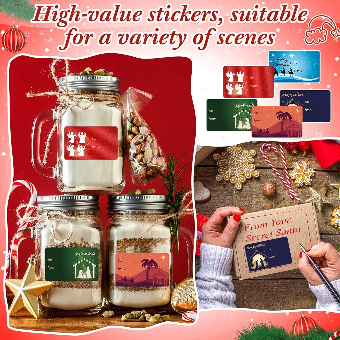 Outus 500 Pieces Christmas Tags Self Adhesive Gift Tags for Xmas Presents Christmas Name Labels Stickers for Wrapping Paper Festival Birthday Holiday Decor(Jesus Style,2.76 x 1.57 Inch)