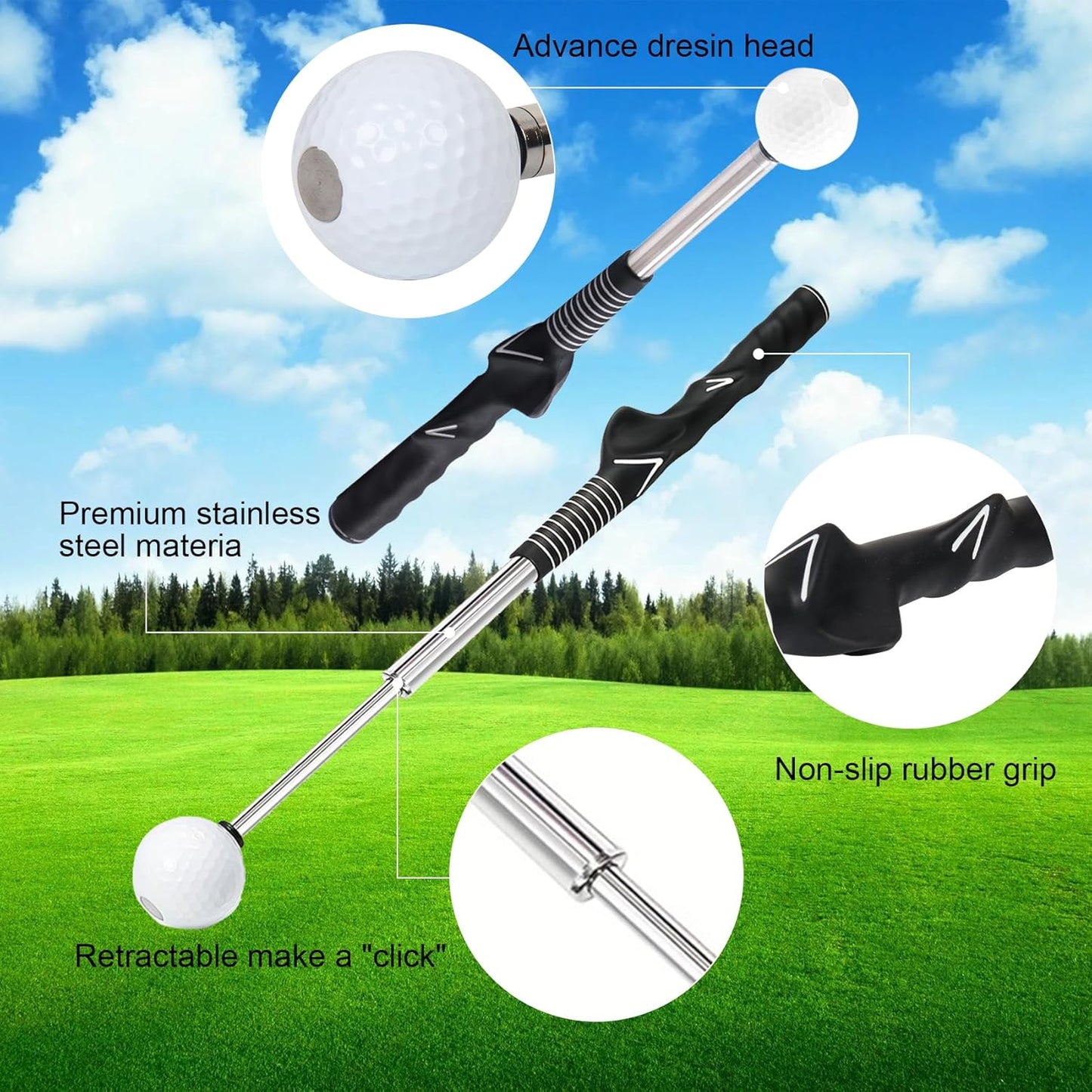 Retractable Golf Swing Trainer - Golf Swing Training Aid, Non-Slip Golf Grip Trainer, Strength & Tempo Training, Golf Alignment Sticks & Arm Band, Indoor Outdoor Golf Swing Practice