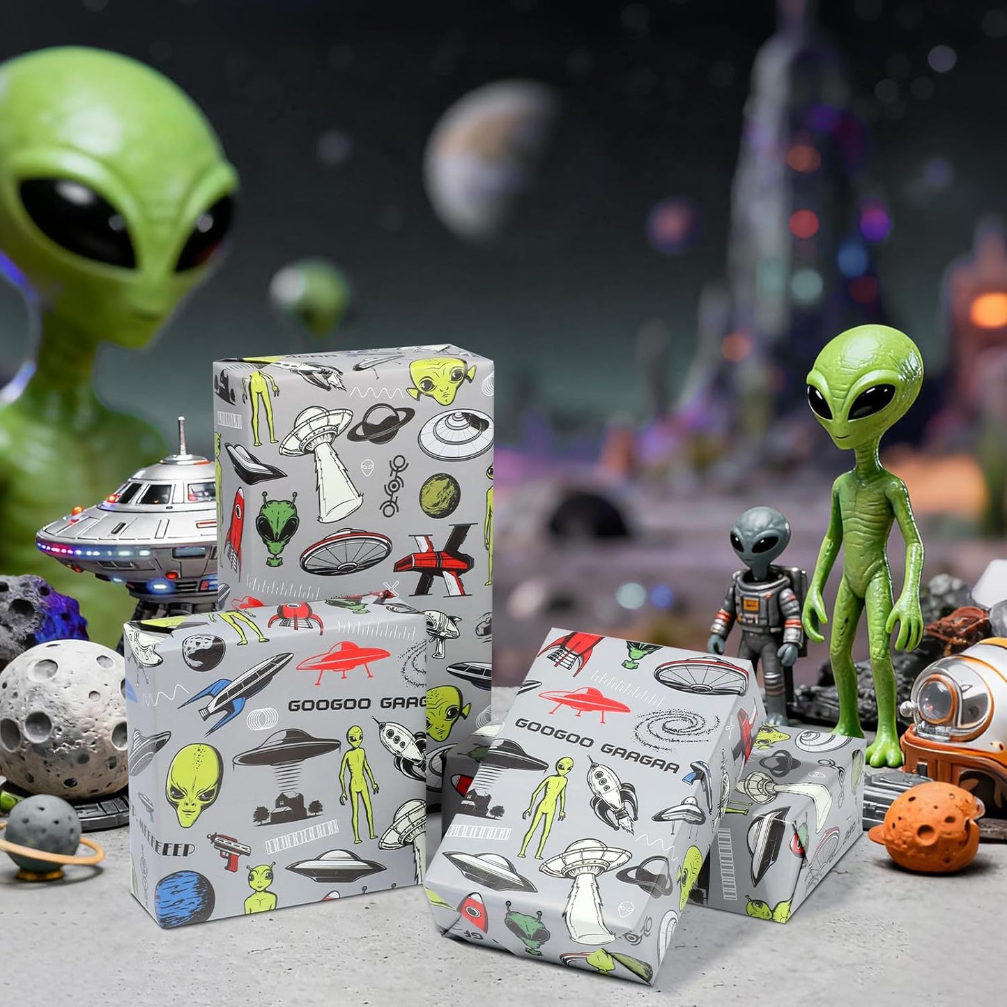 Alien Wrapping Paper Roll - 17Inch x16.4Feet - Fun Space UFO Gift Wrap Funny Wrapping Paper for Sci-Fi Parties,Birthdays,Celebrations