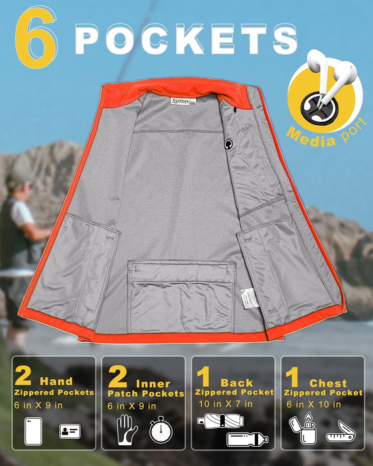 33,000ft Men's Windproof Lightweight Golf Vest Outerwear with Pockets, Softshell Sleeveless Jacket for Running Hiking Sports