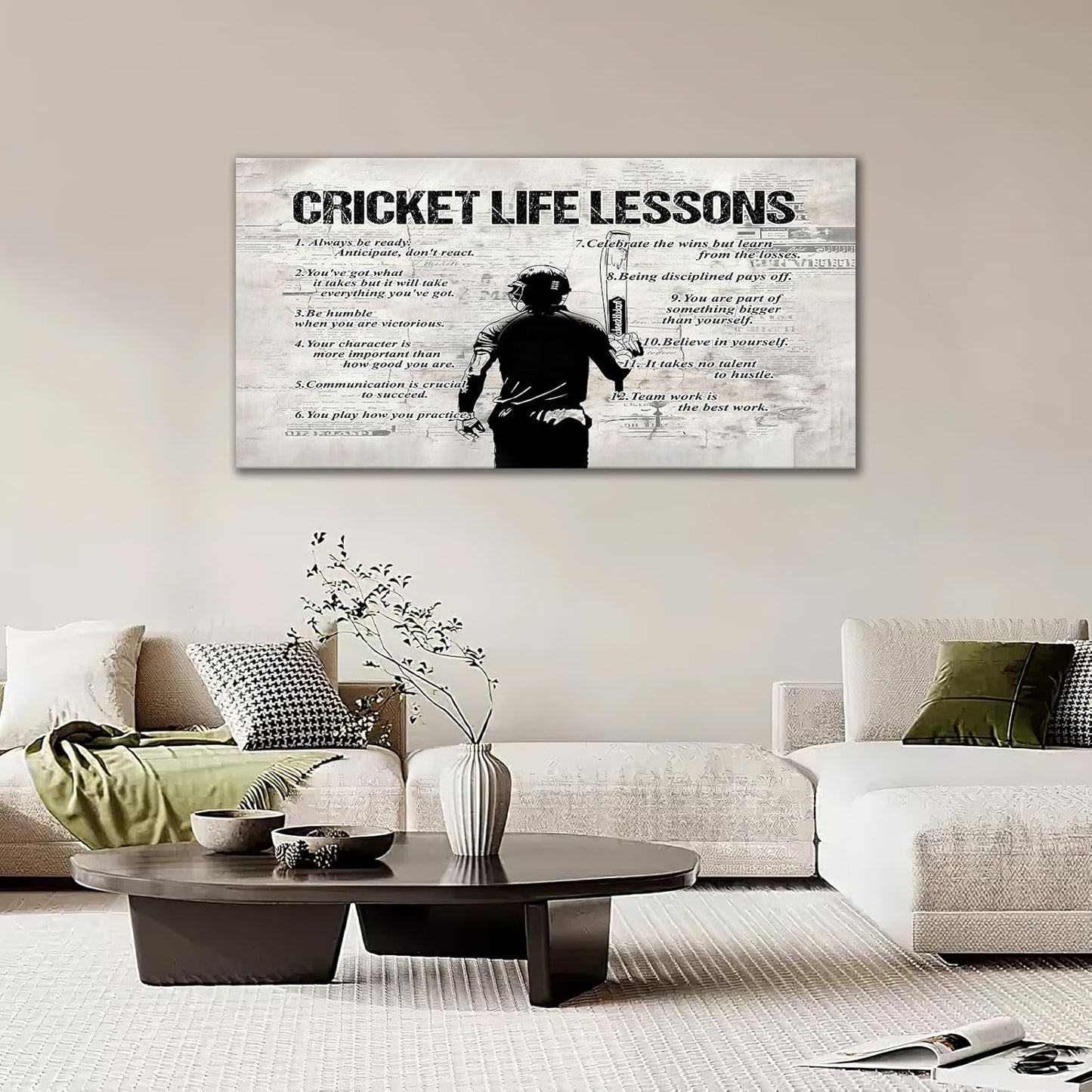 Cricket Sports Wall Art for Living Room Large Size Cricket Life Lessons Wall Decor Cricket Sign Retro Canvas Prints Inspirational Pictures Painting Artwork Home Decoration Master Bedroom Gym 60"X30"