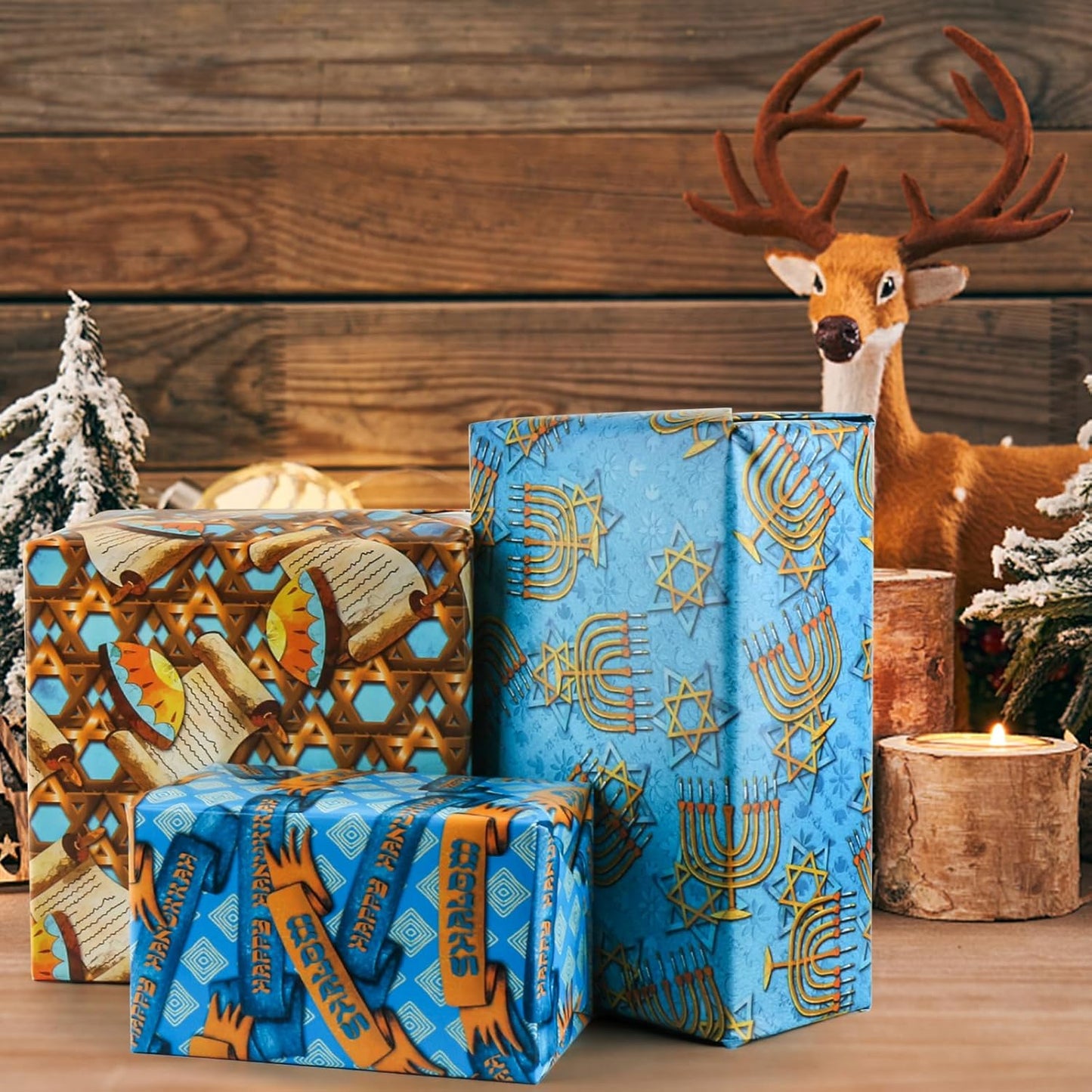 Dtiafu Hanukkah Wrapping Paper - 12 Sheet 6 Style Blue Chanukah Wrapping Paper - Happy Hanukkah - 20 x 28 Inch Per Sheet