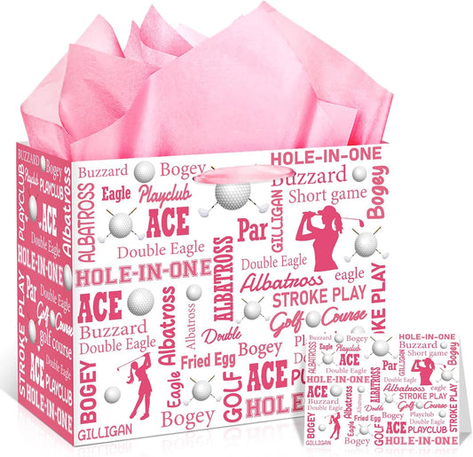 Golf Party Gift Bag for Girls Women, Large Pink Golf Gift Wrap Bag with Tissue Paper Greeting Card Decorations for Sports Team Birthday Party Favors Baby Shower Goodie Treat Wrapping Paper Supplies