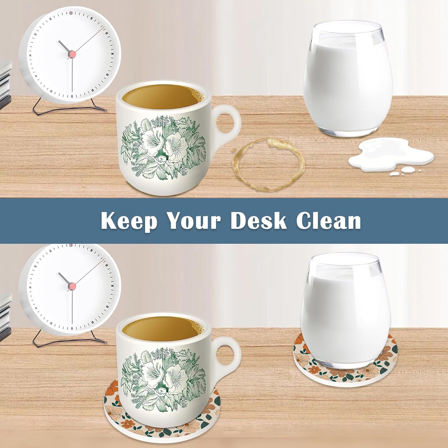 Coasters for Drinks,Set of 4 Absorbent Coasters,70s Retro Floral Flowers Ceramic Coasters with Cork Base,Cup Coaster for Coffee Table Protection,Gifts for Housewarming Birthday