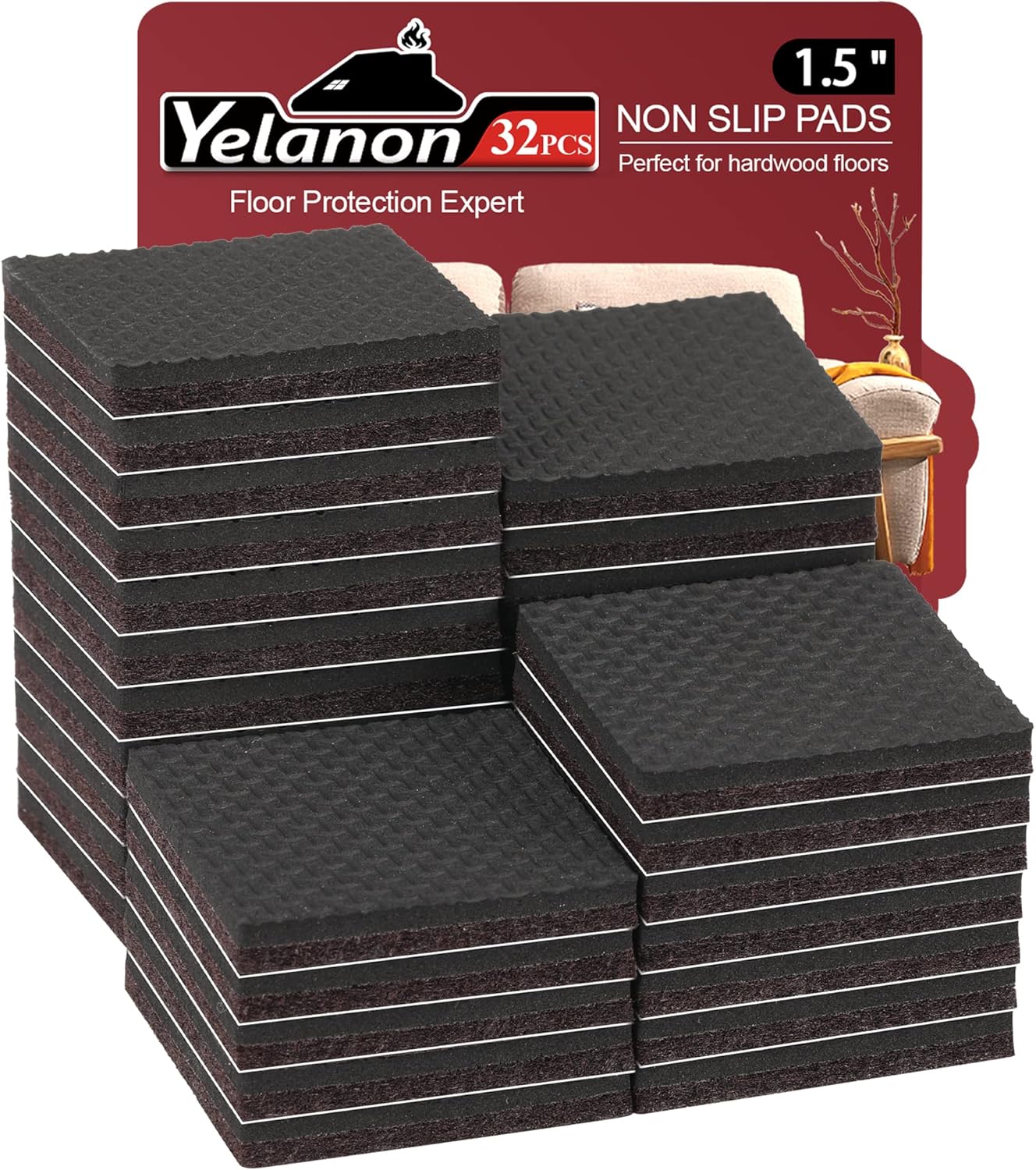 Yelanon Non Slip Furniture Pads -32pcs 1.5" Furniture Grippers Hardwood Floors, Non Skid for Furniture Legs,Self Adhesive Rubber Furniture Feet, Anti Slide Floors Protectors for Keep Couch Stoppers