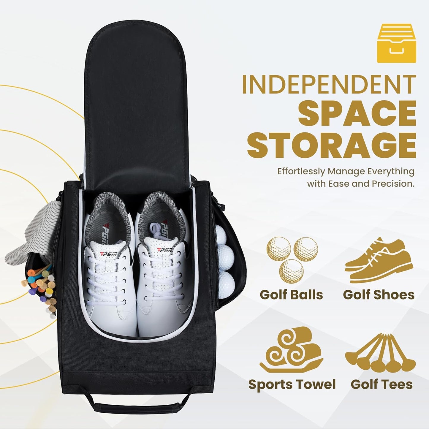 Golkcurx Golf Shoe Bag for Travel Zippered Sport Shoe Carrier Bags with Side Accessory Pockets for Socks, Tees, Golf Balls（Black）