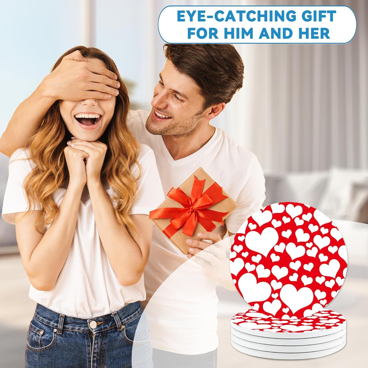 Coasters Set of 4, Red Heart Love Round 4" Cup Coasters, Absorbent Ceramic & Cork Base, Ideal Gifts for Women & Men