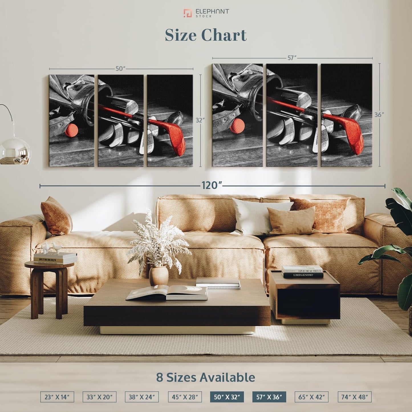 ElephantStock Golf Equipment Pop Wall Art - Horizontal Canvas - 3-Piece Living Room Wall Decor - Photography Sports Canvas Print - Black and Gray Decor for Wall - 50" X 32"