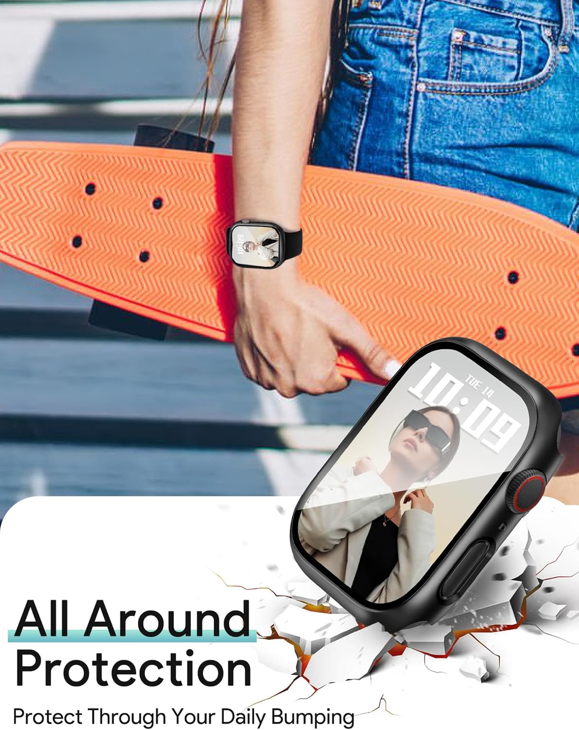 JR.DM 41mm 2 Pack Hard PC Case with HD Tempered Glass Screen Protector for Apple Watch Series 9/8/7, Slim Guard Bumper Full Coverage Protective Anti-Scratch Face Cover for iWatch, Black+ Black