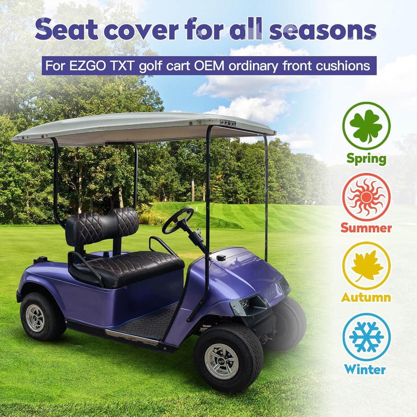 NOKINS Golf Cart Diamond Seat Covers Kit, Fit for EZGO TXT 1994-2013/EZGO RXV OEM Standard Front Seat Cushion, Golf Cart Vinyl Seat Cover, No Nails Required (Black and Brown Stitching)