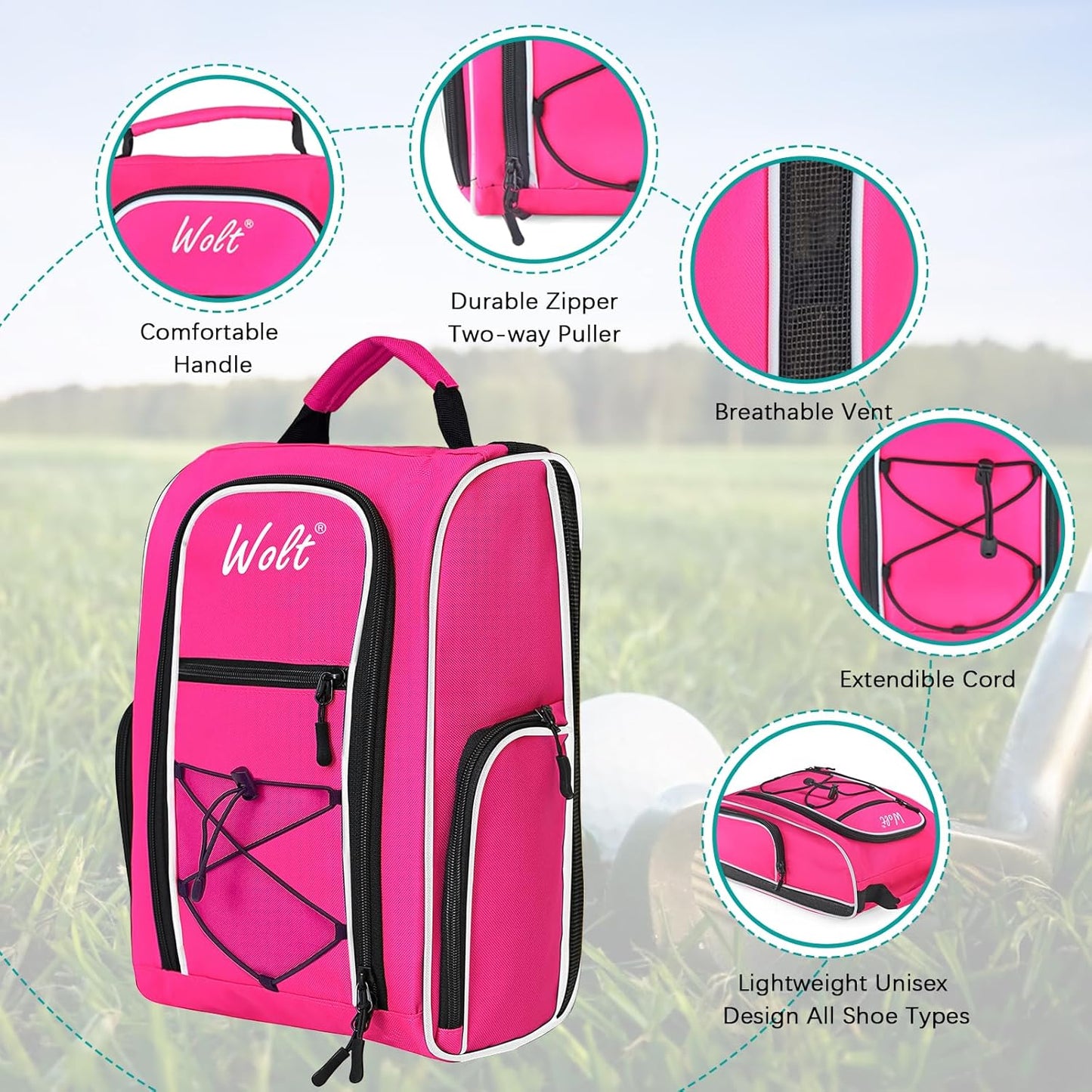 Wolt 2 Pcs Golf Shoe Bag for Travel- Zippered Shoes Carrier Bags with Ventilation & Double Outside Accessory Pocket for Socks, Tees, Golf Balls, etc. for women and men (Grey+Pink)