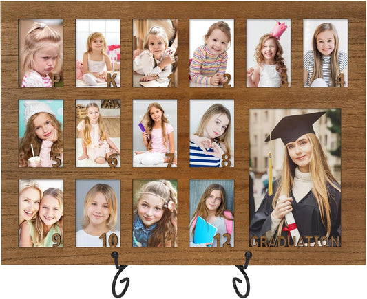 School Years Picture Frame Pre K to 12 Wooden Graduation Gift Collage Frame with Stand Easel, Displays One 4x6 and Twelve 2x3 Wallet Photos