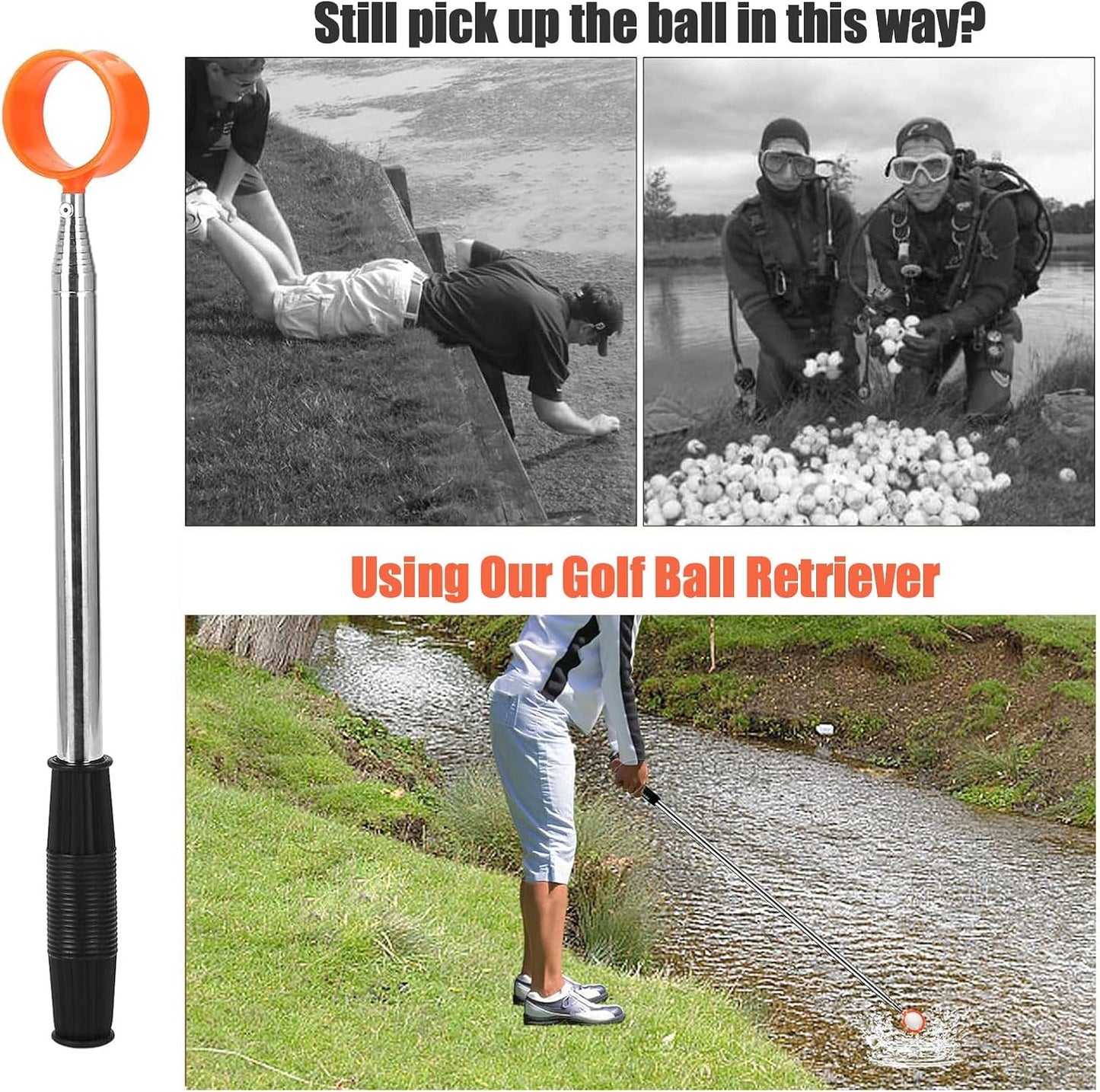 Golf Ball Retriever Telescopic, 12Ft Aluminum Alloy Golf Ball Retriever for Water, Ball Retriever Tool Golf Ball Grabber, Telescopic | Two-Sided | Easy Grab Ball | Golf Gifts for Men & Golfers
