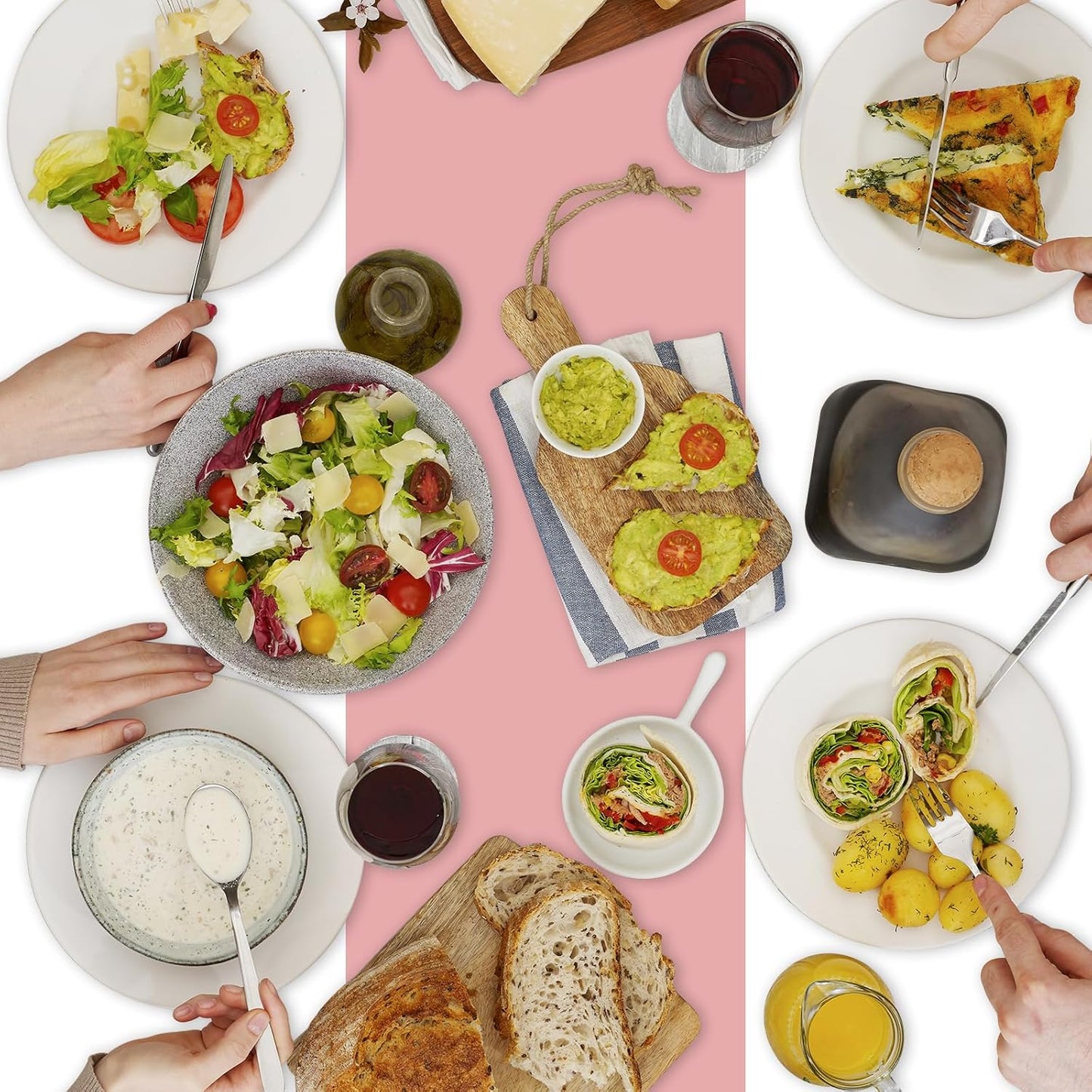 6 Pack Rectangle Plastic Dot Tablecloth Set, 54 X 108 Inch Plastic Table Cover, 12 x 108 Inch Satin Table Runners for Wedding Graduation Birthday New Year Party Decorations (White, Rose Gold)