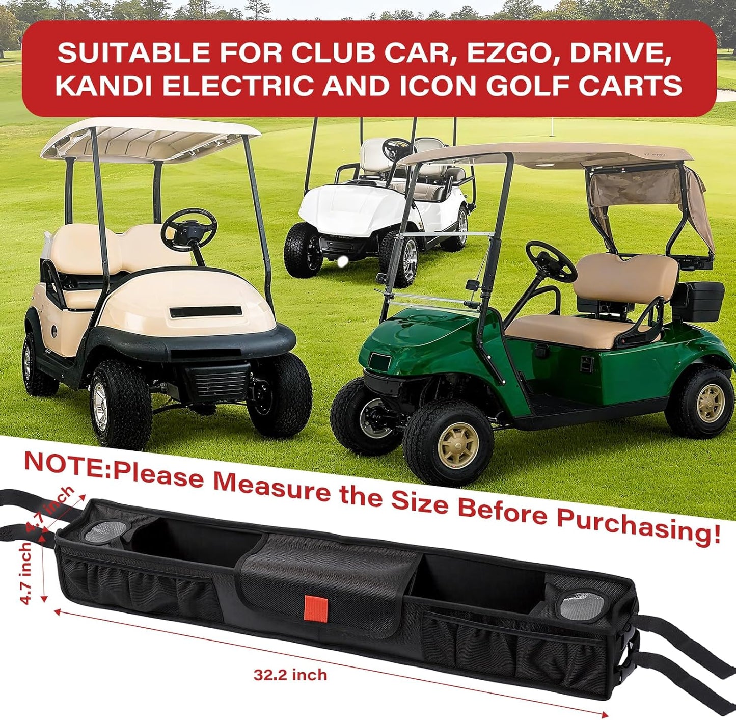 Golf Cart Storage Basket, No-Drilling Golf Cart Front Basket with Cooling Compartment & Adjustable Anti-Slip Buckle Strap, Fits Club Car, EZGO, Drive, Kandi Electric and ICON