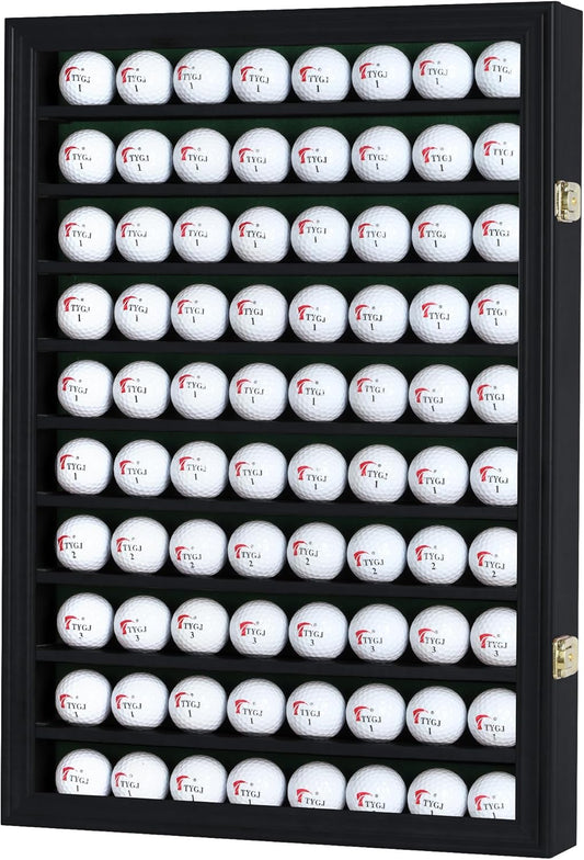 DisplayGifts 80 Golf Ball Display Case Cabinet Wall Rack Holder Solid Wood Frame with 98% UV Protection Lockable Acrylic Door, Wall Mounted or Stand Great Golfer's Gift