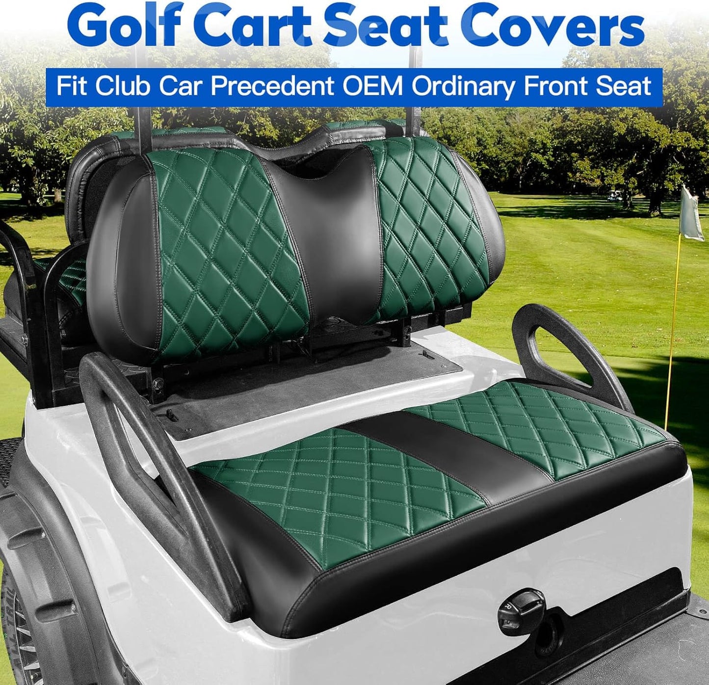 NOKINS 4PCS Golf Cart Seat Covers Kit, Front and Rear Seat Covers Fits Club Car Precedent Standard Seat Cushion, Club Car Vinyl Seat Covers Accessories, No Staples (Dark Green&Black)
