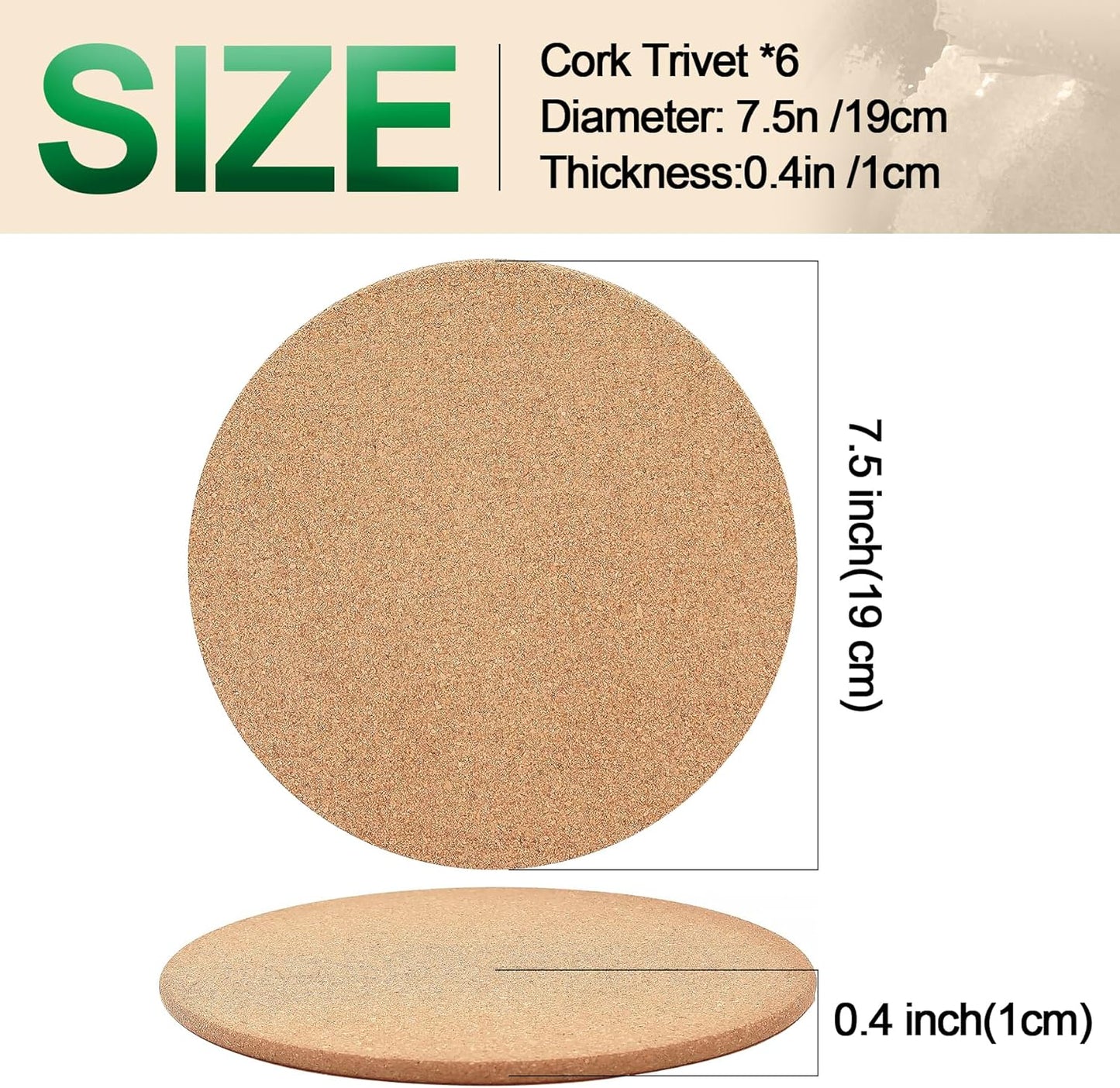 Cork Trivet, 6 Pack High Density Thick Cork Coasters Set for Hot Dishes, 7.5 Inch Heat Resistant Multifunctional, Hot Pads for Kitchen, Table, Countertops