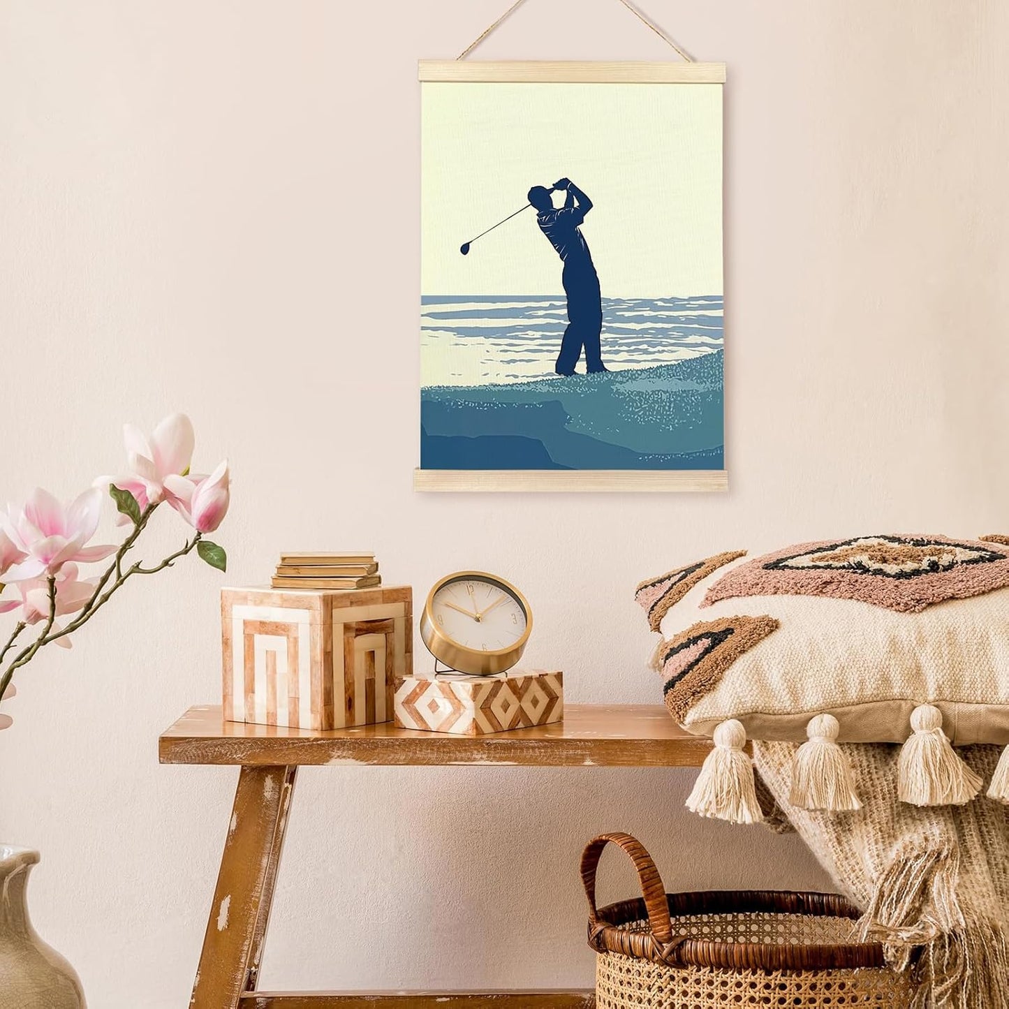 bitCNY Golf Swing Wall Art Print, Coastal Sport Silhouette Canvas Poster with Wooden Frame, Beach Style Hanging Decor for Office, Study, or Man Cave