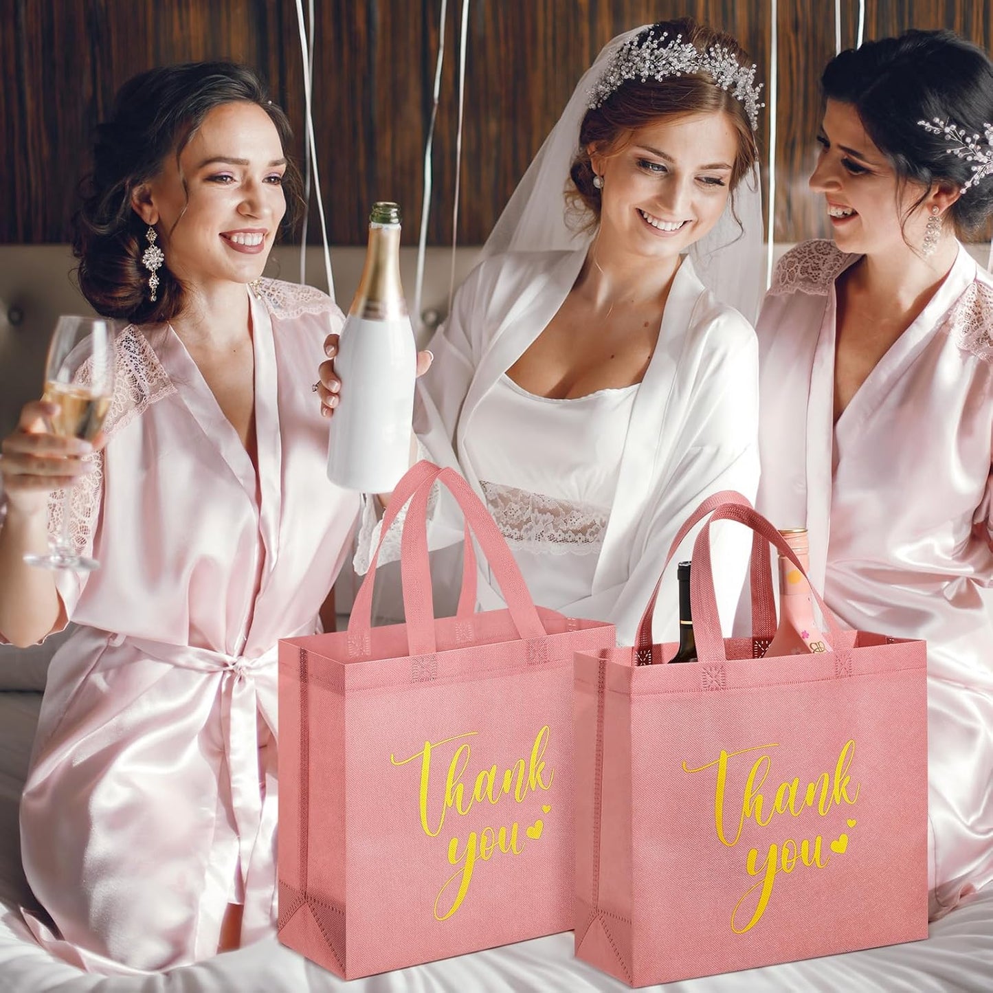 Sweetude 30 Pcs Thank You Gift Bags with Handles Bulk Reusable Goodie Bag Non Woven Foldable Handbag for Graduation Wedding Bridesmaid Gifts(11 x 12 x 5 Inch,Leather Pink)