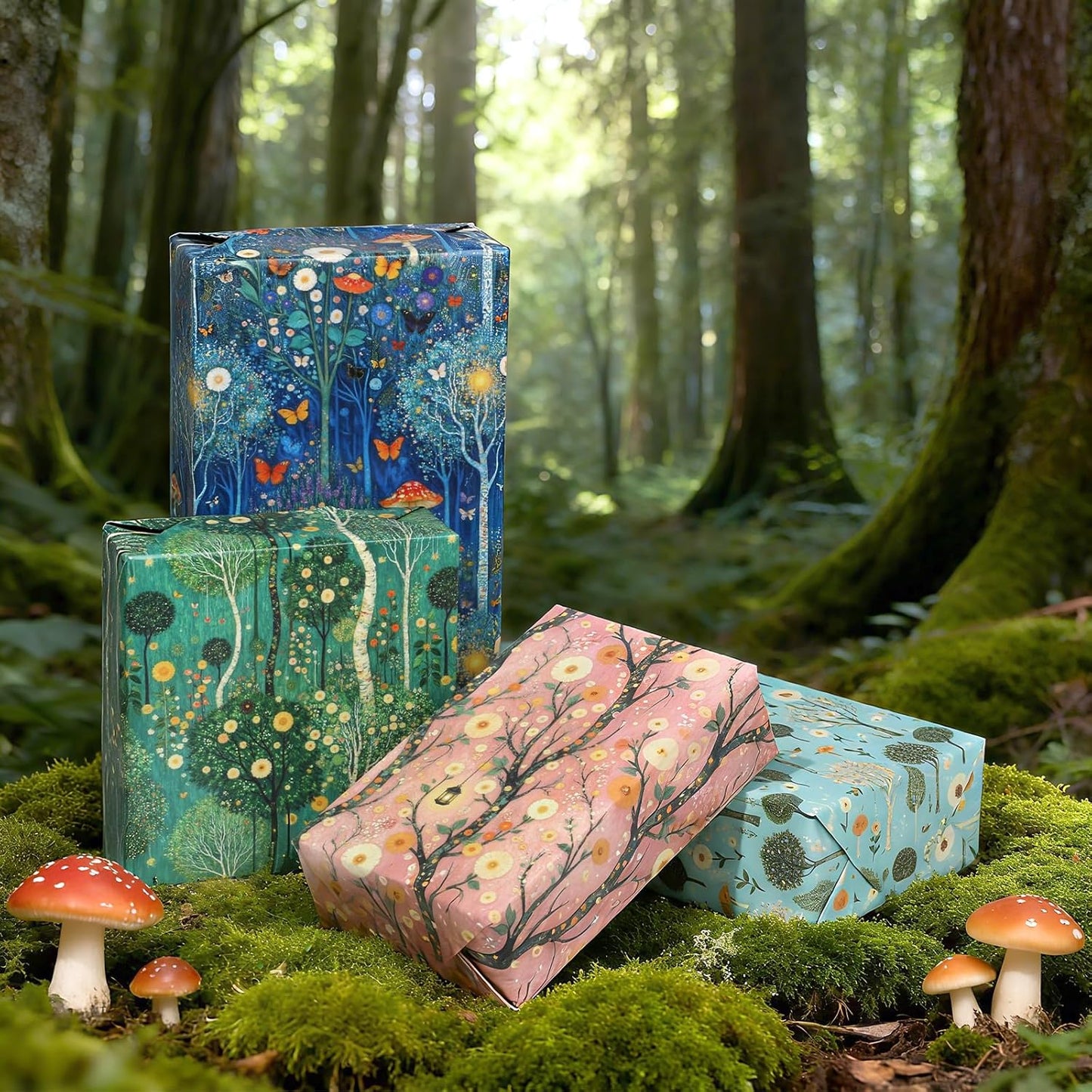 Pineraap Forest Wrapping Paper 12 Sheets Oil Painting Woodland Greenery Gift Wrap for Nature Lovers,Artists,Birthday,20"×28"