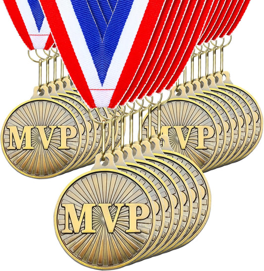 30 Pcs 2'' MVP Award Medals Bulk with Neck Ribbons Gold Champ Trophy Most Valuable Player for Adults Games Sports Events Party Prizes Football Baseball Soccer Basketball Softball MVP Gift