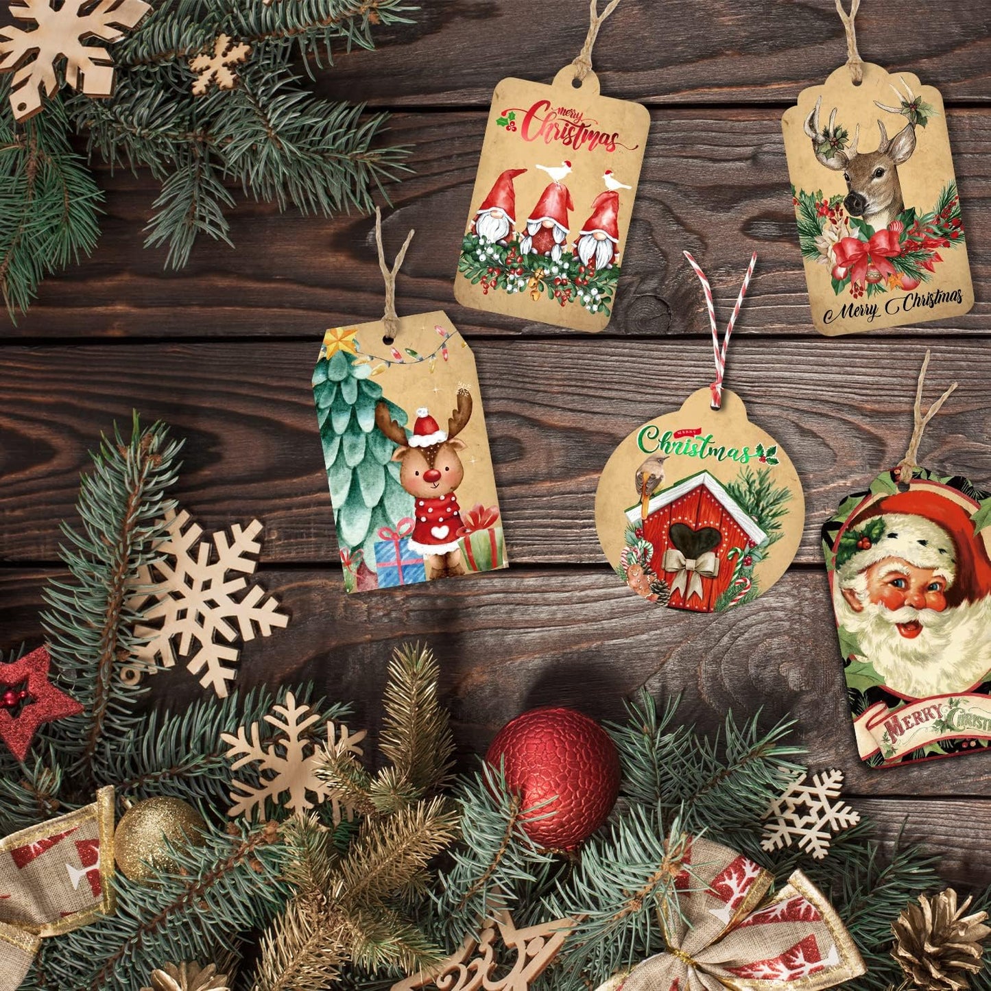 Christmas Gift Tags 60 Count with Untied String 15 Assorted Foil, Printed Designs for DIY Xmas Present Wrap and Label Package Name Card