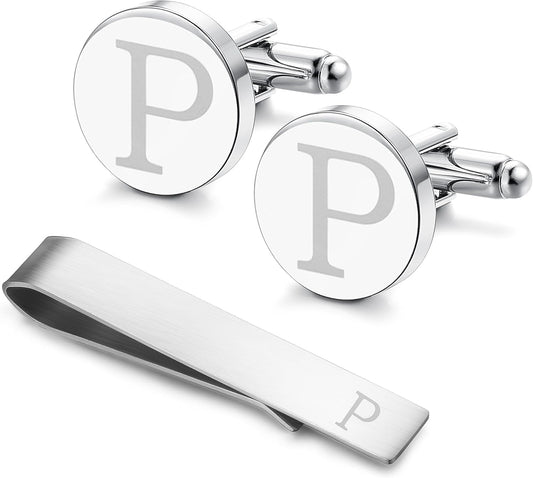 LOYALLOOK Stainless Steel Engraved Initial Cufflinks and Tie Clip Bar Set Alphabet Letter With Gift Box A-Z