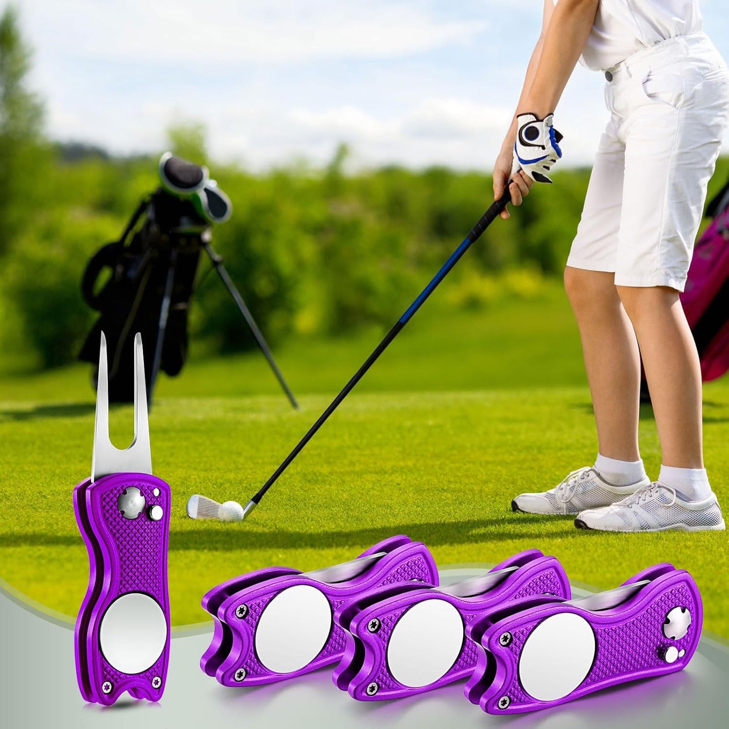 Skylety 4 Pcs Golf Divot Repair Tool Metal Foldable Golf Divot Tool with Magnetic Pop-up Button Ball Marker Stainless Steel Switchblade for Golfers Prizes