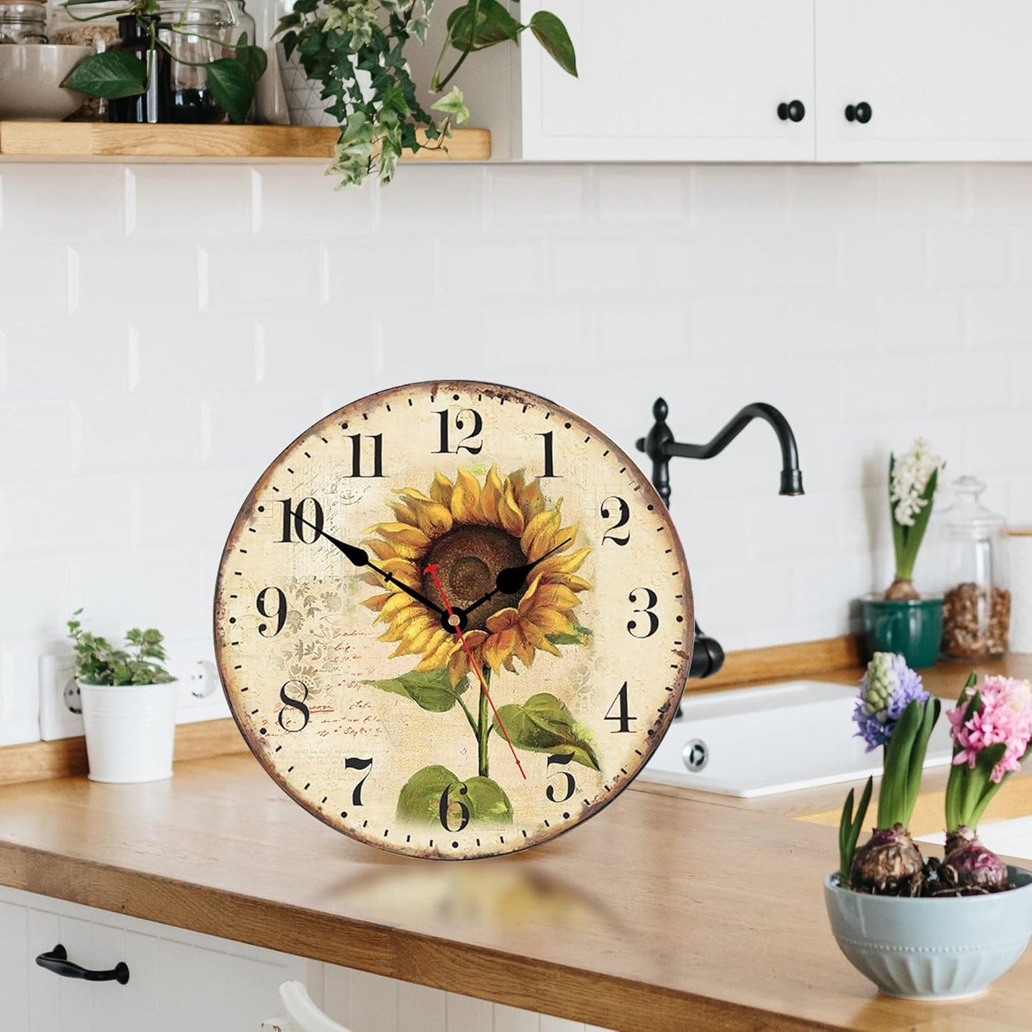 VIKMARI Sunflower Wall Clock Silent Non Ticking - 8 Inch Wooden Quality Quartz Battery Operated Round Wall Clocks for Home/Office/Classroom/School/Kitchen