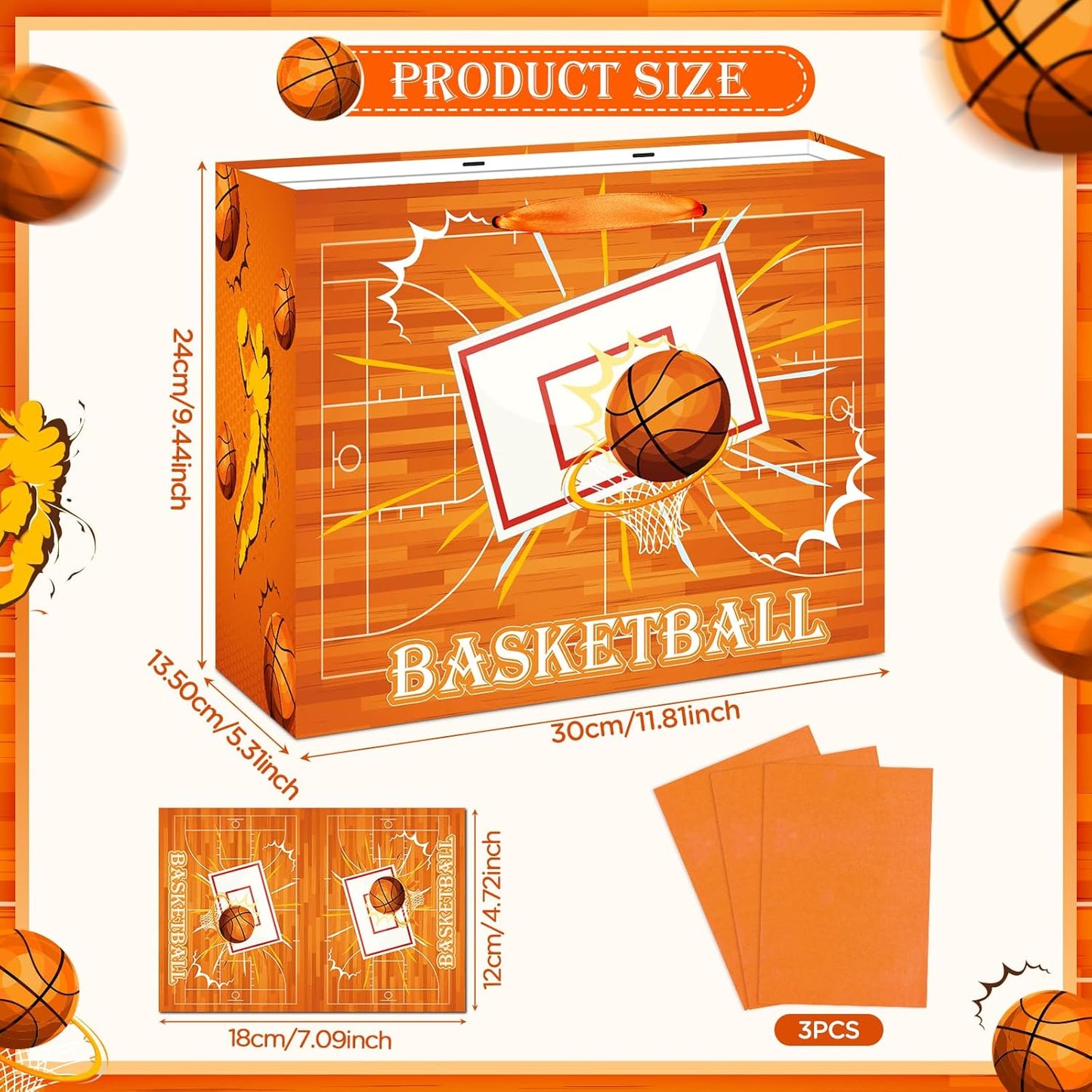 Basketball Party Gift Bag, Basketball Gift Wrap Bag with Tissue Paper and Card Decorations for Sport Party Favor Basketball Birthday Goodie Gifts Treat Candy Wrapping Bags for Kids Adult Team Supplies